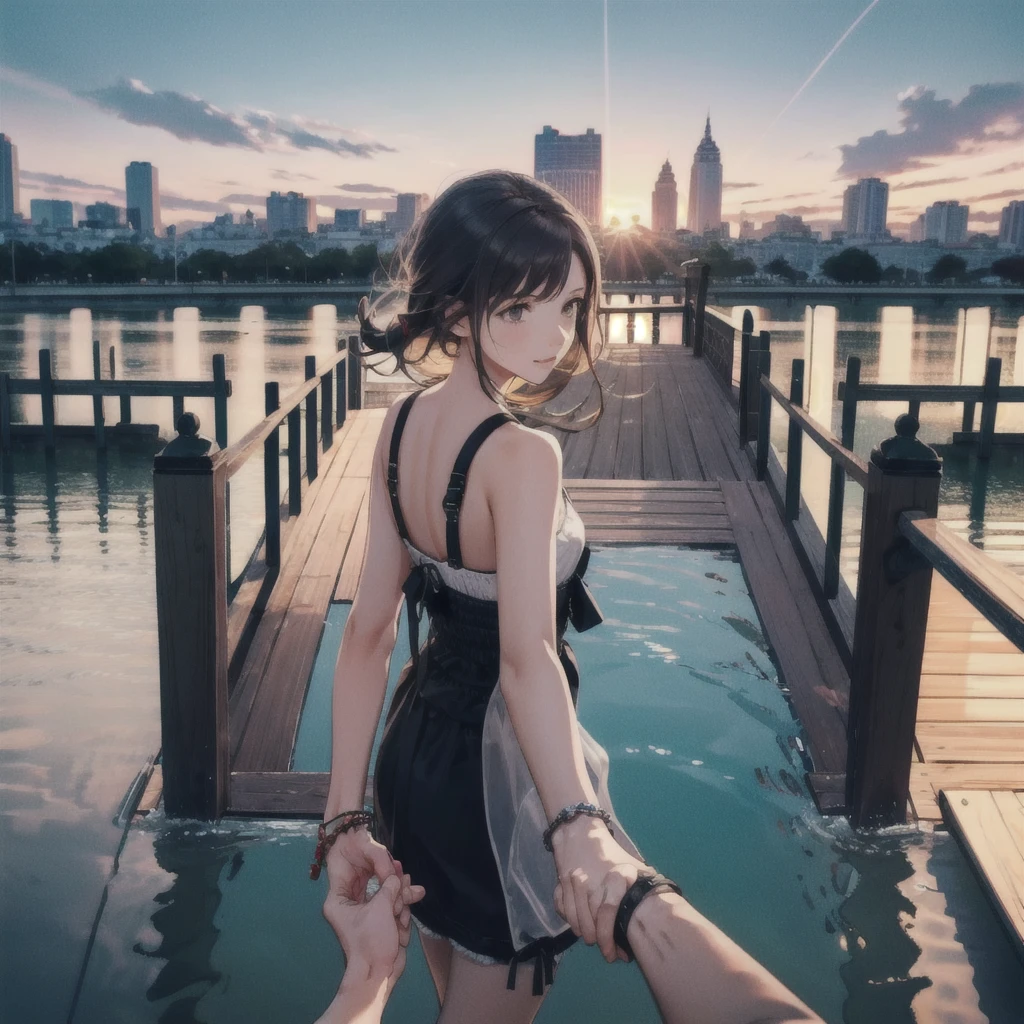 One girl，Super detailed，High resolution，masterpiece，by_style，boyfriend_Holding_hand，1 観客とhandをつなぐ少女，Walking while looking at me, Take a walk on the fishing bridge, From above,