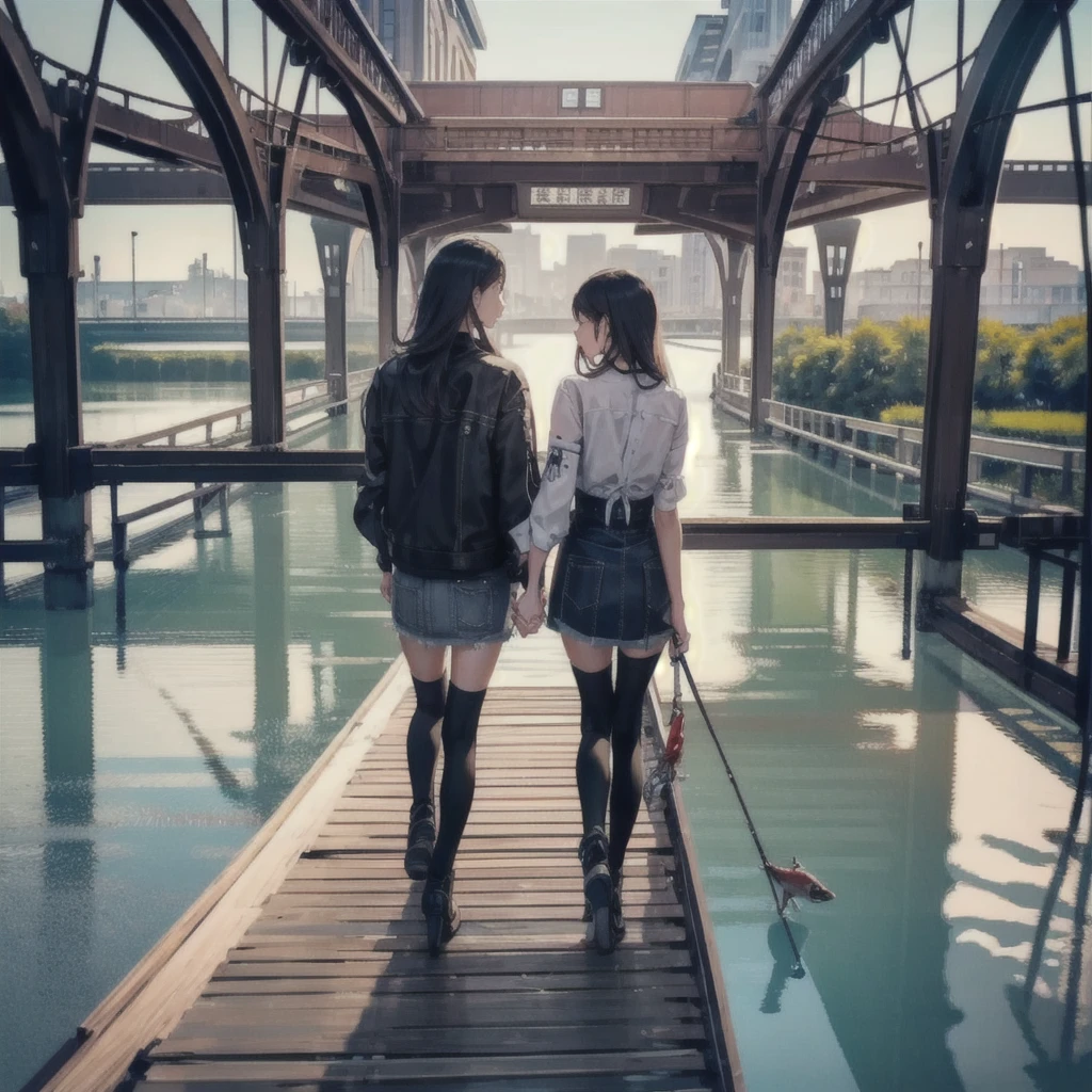 One girl，Super detailed，High resolution，masterpiece，by_style，boyfriend_Holding_hand，1 観客とhandをつなぐ少女，Walking while looking at me, Take a walk on the fishing bridge, From above,