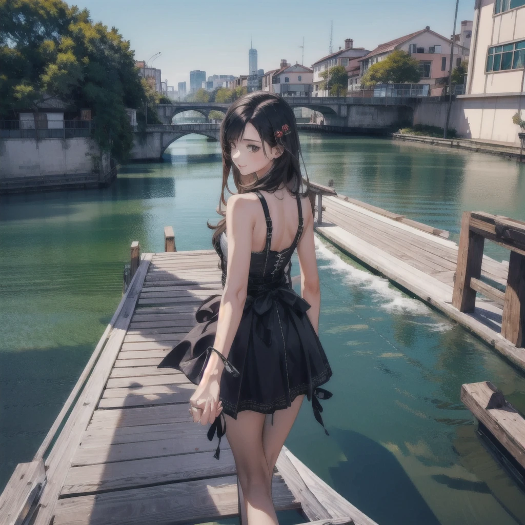 One girl，Super detailed，High resolution，masterpiece，by_style，boyfriend_Holding_hand，1 観客とhandをつなぐ少女，Walking while looking at me, Take a walk on the fishing bridge, From above,