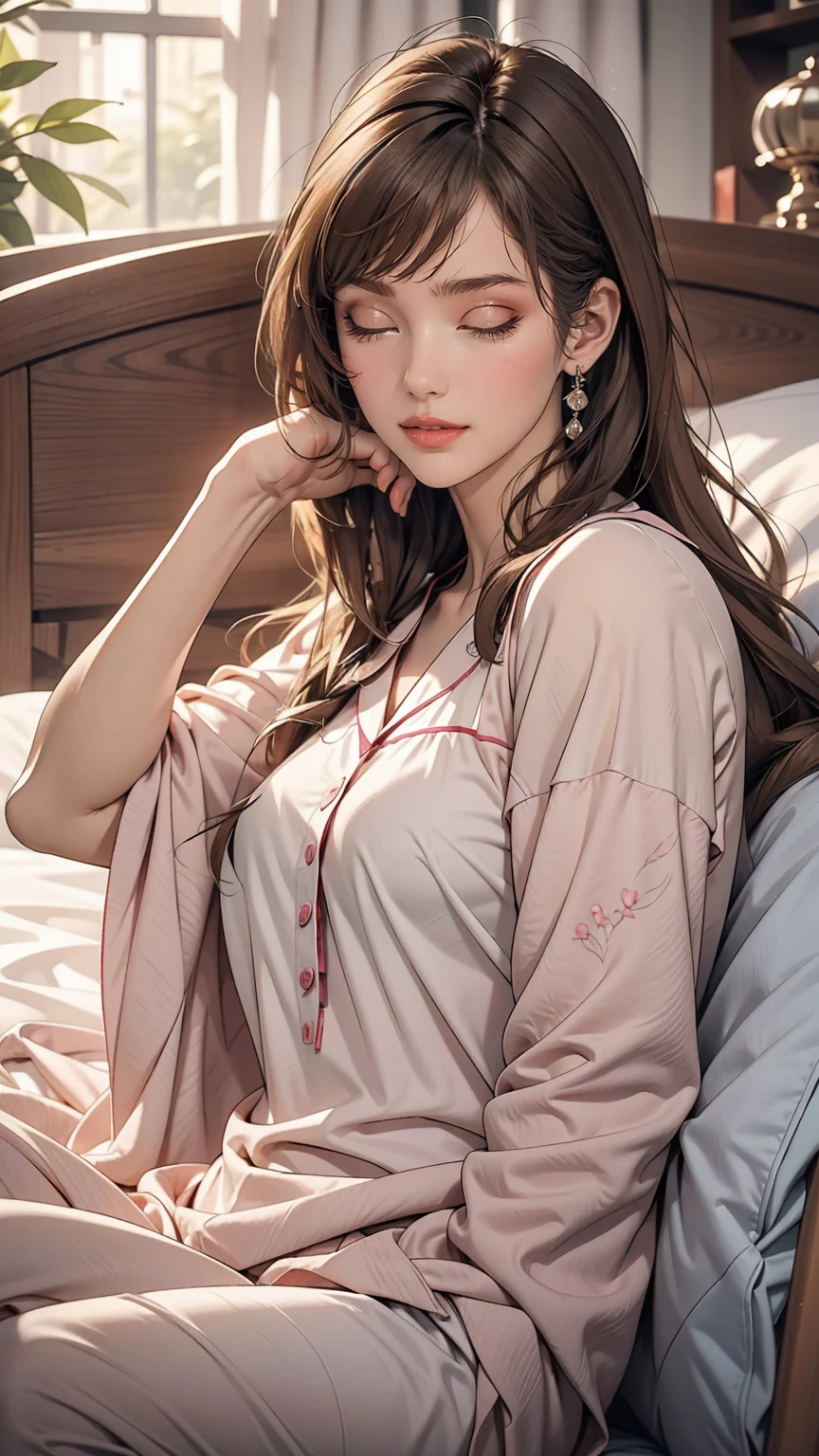 Sleeping girl, 22 years old, Realistic, She is wearing long pants, She is wearing pink pajamas, Brown Hair.