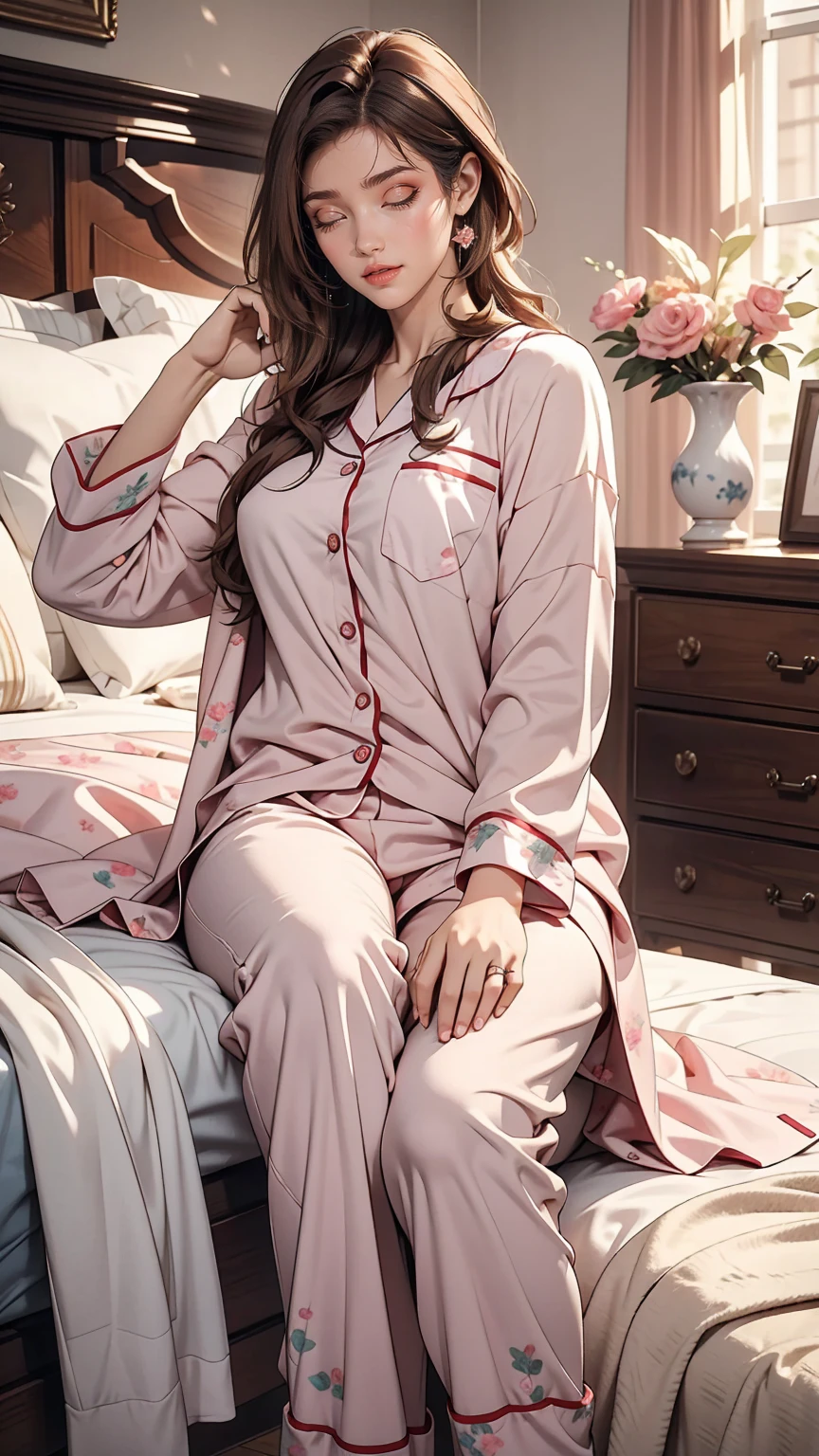 Sleeping girl, 22 years old, Realistic, She is wearing long pants, She is wearing pink pajamas, Brown Hair.