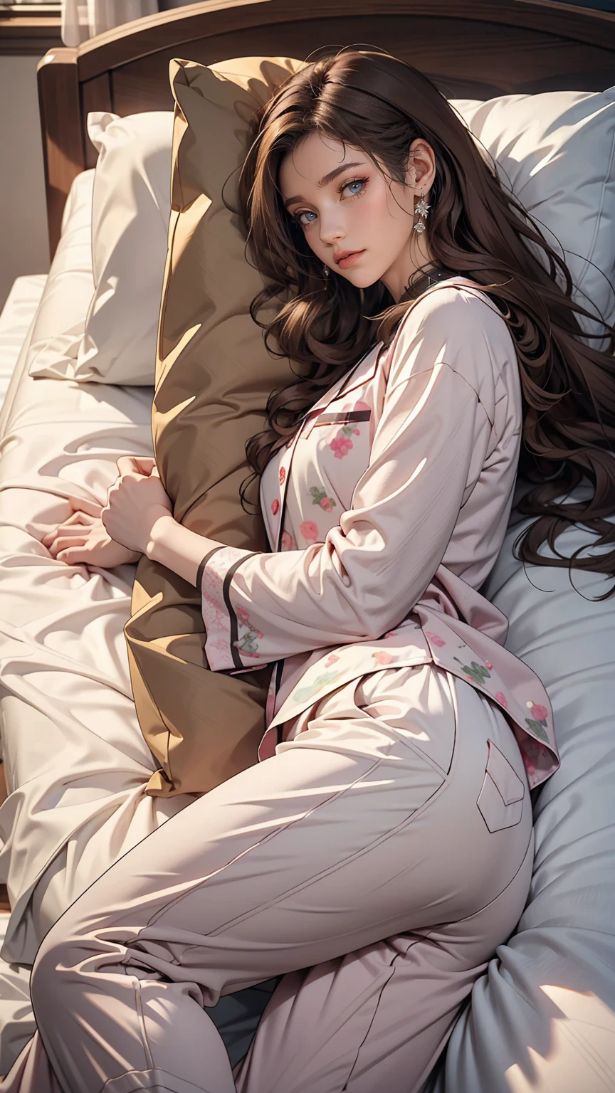 Sleeping girl, 22 years old, Realistic, She is wearing long pants, She is wearing pink pajamas, Brown Hair.