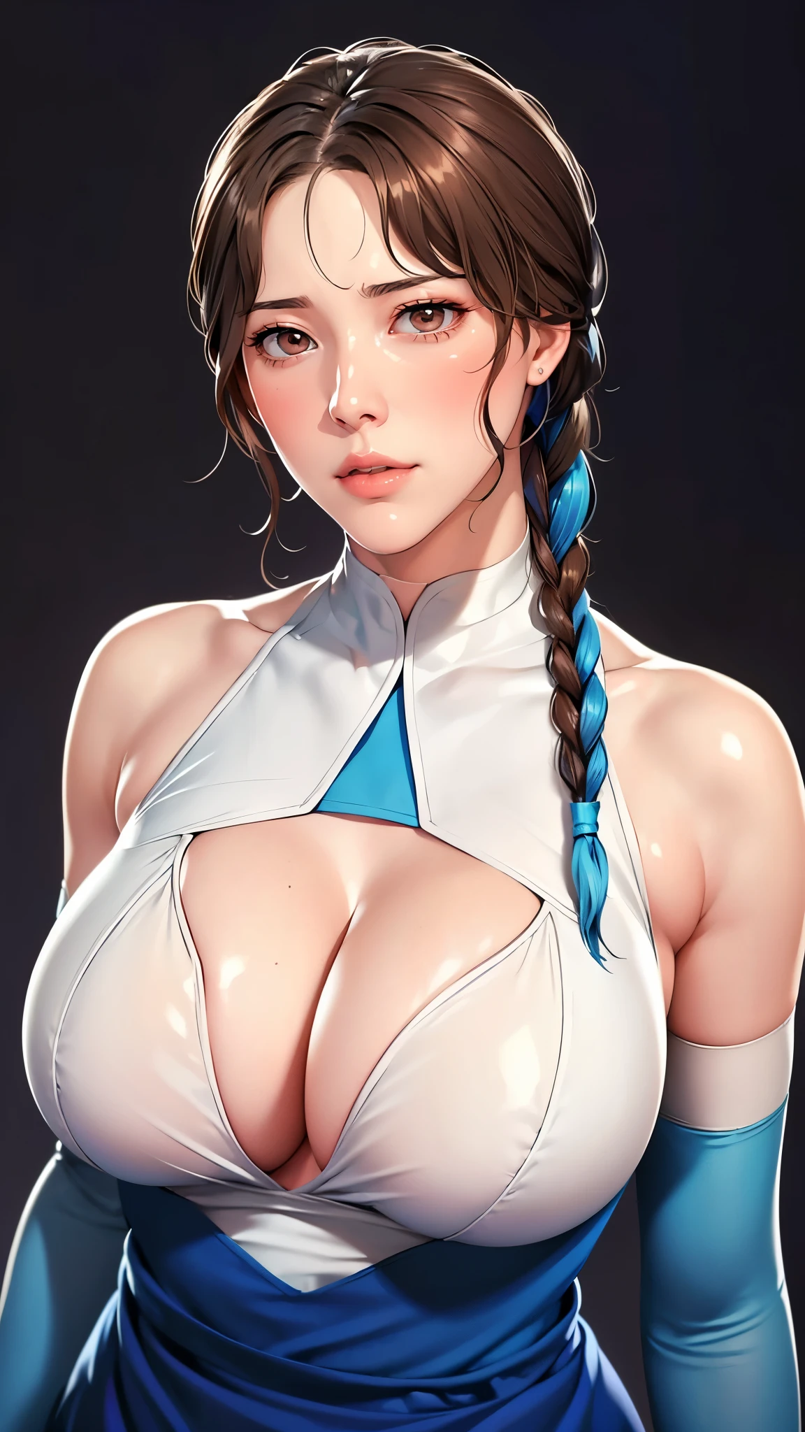 （（（完美number，number，Solitary， White and tender skin，（（（Cyberpunk，Blue Dress，White loose coat，Long-sleeved coat，））），（（（brown eyes, braid, long hair, braided ponytail, single braid, hair over shoulder, bangs, blush, lips)),high resolution, ((Best quality at best))，masterpiece，quality，Best quality，（（（ Exquisite facial features，looking at the audience,There is light in the eyes，(（（open mouth，Part your lips））），型number:1.7））），（（（light and shadow，Huge breasts））），（（（Looking at the camera，black background，)）））