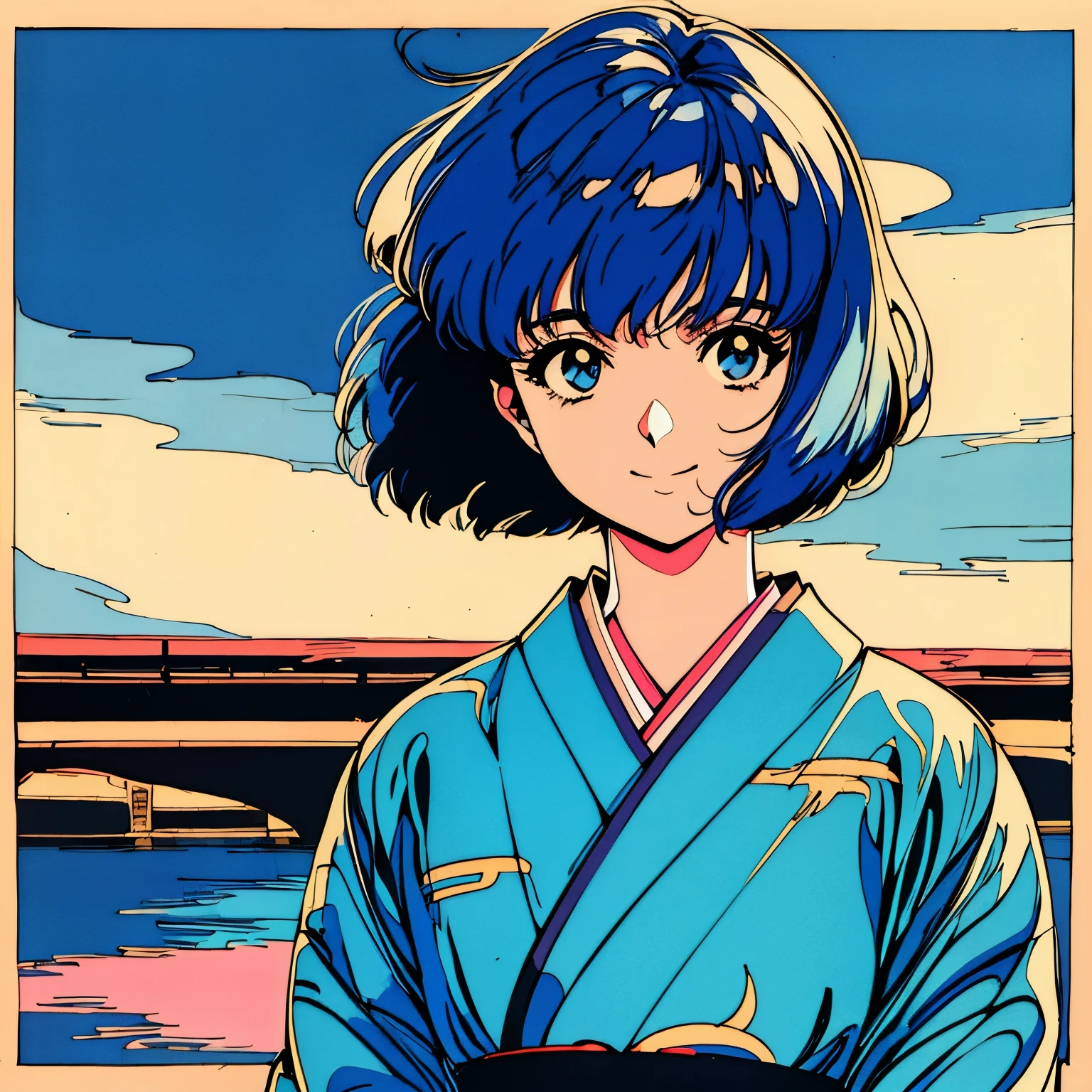 master piece, Kyoto style, Blue Hair, Japanese, fluffy bob cut, wearing kimono, welocome, shoulder length, alone, single person, Futuristic, yet, lofi, retro, vintage, light smile