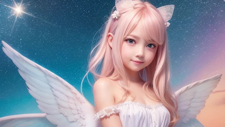 1angel,1 Fairy,2Girl,10 years old,2 people,Smile,smile,Magic wand,noon,summer,Tropical,Light of the sun,Light background,cute,Princess Dress,clear,happiness,Thick Coating,Angel Wings,Fairy Wings,Silky shiny hair,Glossy Skin,Long Hair,Fairyland,Soft light,rainbow,dream,hope,Pop Art,pastel colour,Sparkling Eyes,fine,Non-Adult,High resolution,Less exposed skin,light peach-colored hair,Thin eyebrows