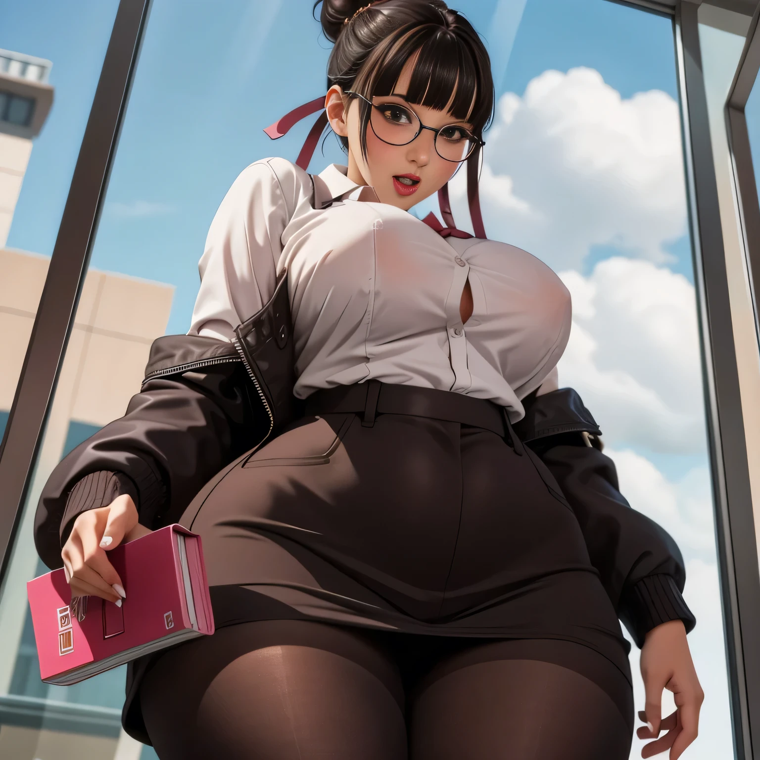 (highres, high quality:1.3), intricate details, cinematic lighting, sharp focus, depth of field,
KuroseKatsuko, 1girl, solo, full body, complate body mature female, looking at viewer, standing, white background, siple background,
serious, embarrassed, blush, holding book, open mouth,
[brown|black] hair, short hair, blunt bang, hair bun, ribbon, makeup, lipstick, eyelashes, brown eyes, detailed eyes, glasses, perfect face, cute nose, beautiful face, perfect face, illuminated face, thick lips, blushes, symmetrical face, beautiful detailed face, human ears, seductive, pleasure expression, orgasm expression,
suit, jacket, skirt, black pantyhose, tight clothes,
huge breasts, curvy, thighs, wide hips, large hips, thick thights, huge thights, hourglass figure, big breasts, huge breasts, large breasts, big butt, huge butt, very slim stomach, thin belly,