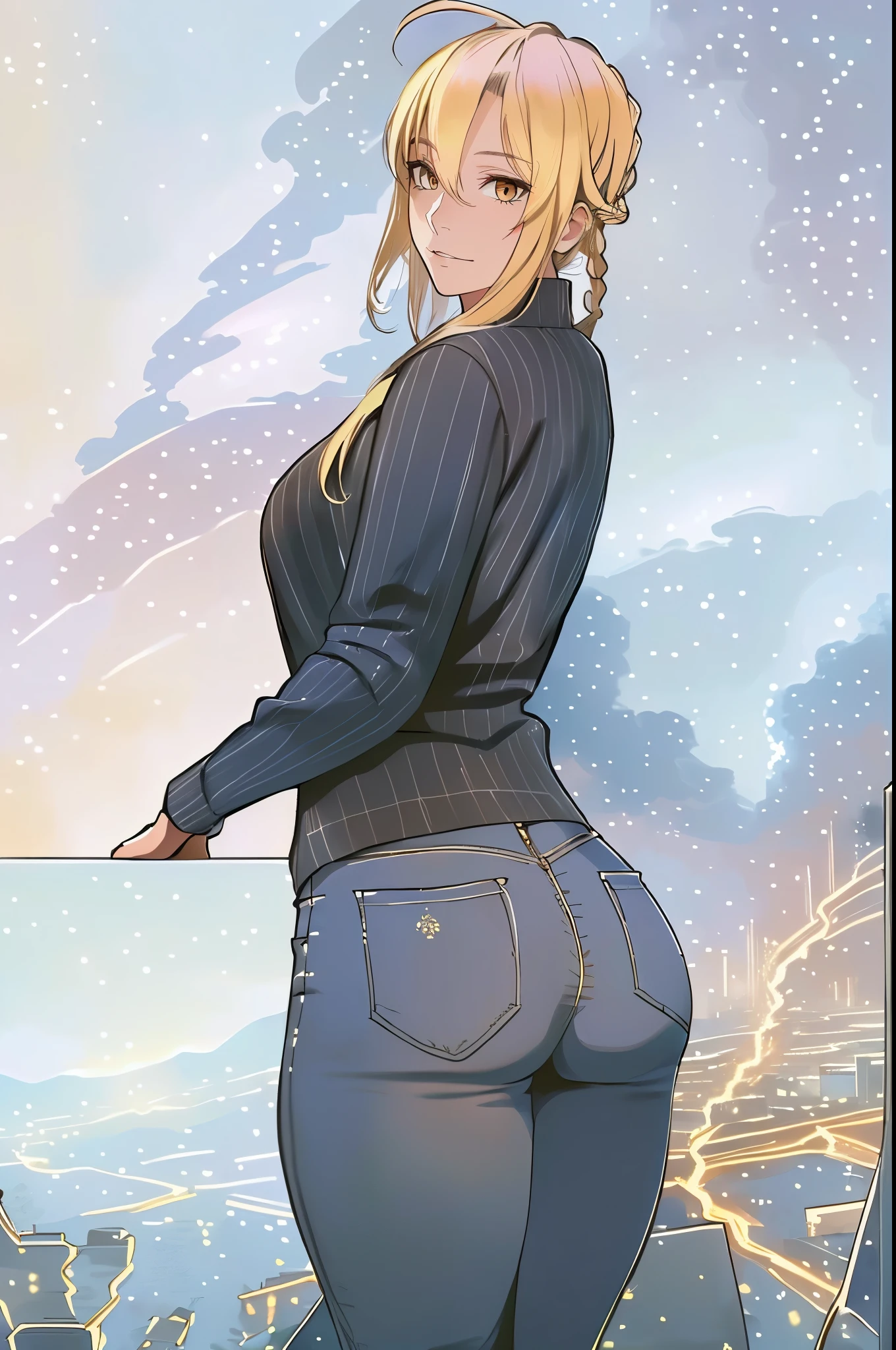 blonde hair, braid, arafed image of a woman in tight jeans leaning against a wall, thick black lineart, thicc, casual pose, thick lineart, leaning on the wall, sfw, leaning against the wall, bending over, thick outline, commission for high res, oc commission, (sfw) safe for work, touching her clothes, living room,
