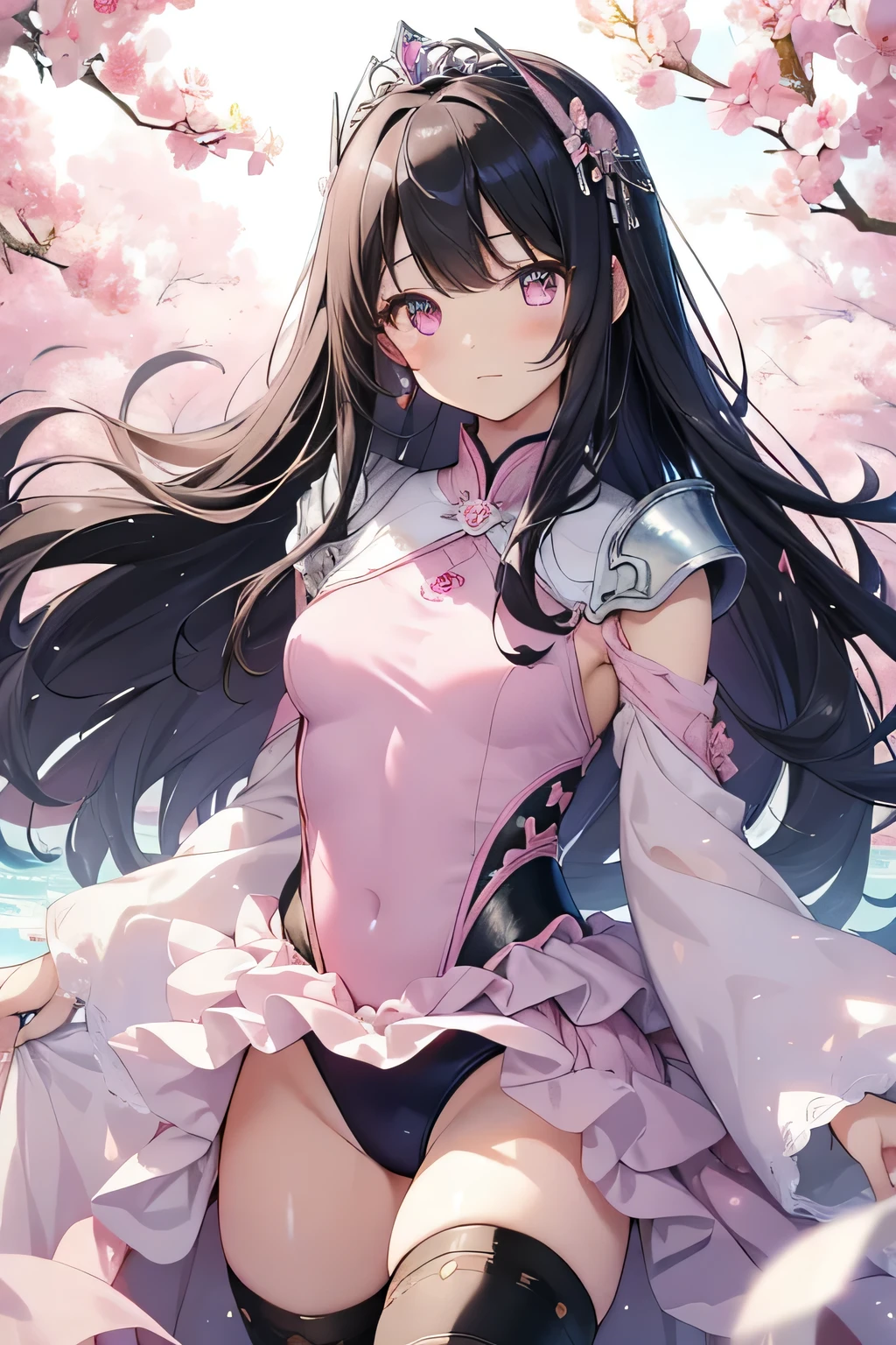 highest quality、Very delicate and beautiful、Very delicate and beautiful、(Beautiful eyes)、Pink Eyes、I、I、、 、Japanese、、Chiquita、(armor)、(Black Hair)、((Pink leotard))、(High leg)、Tiara on head、Laughter、standing、Look forward、((Background is heaven))