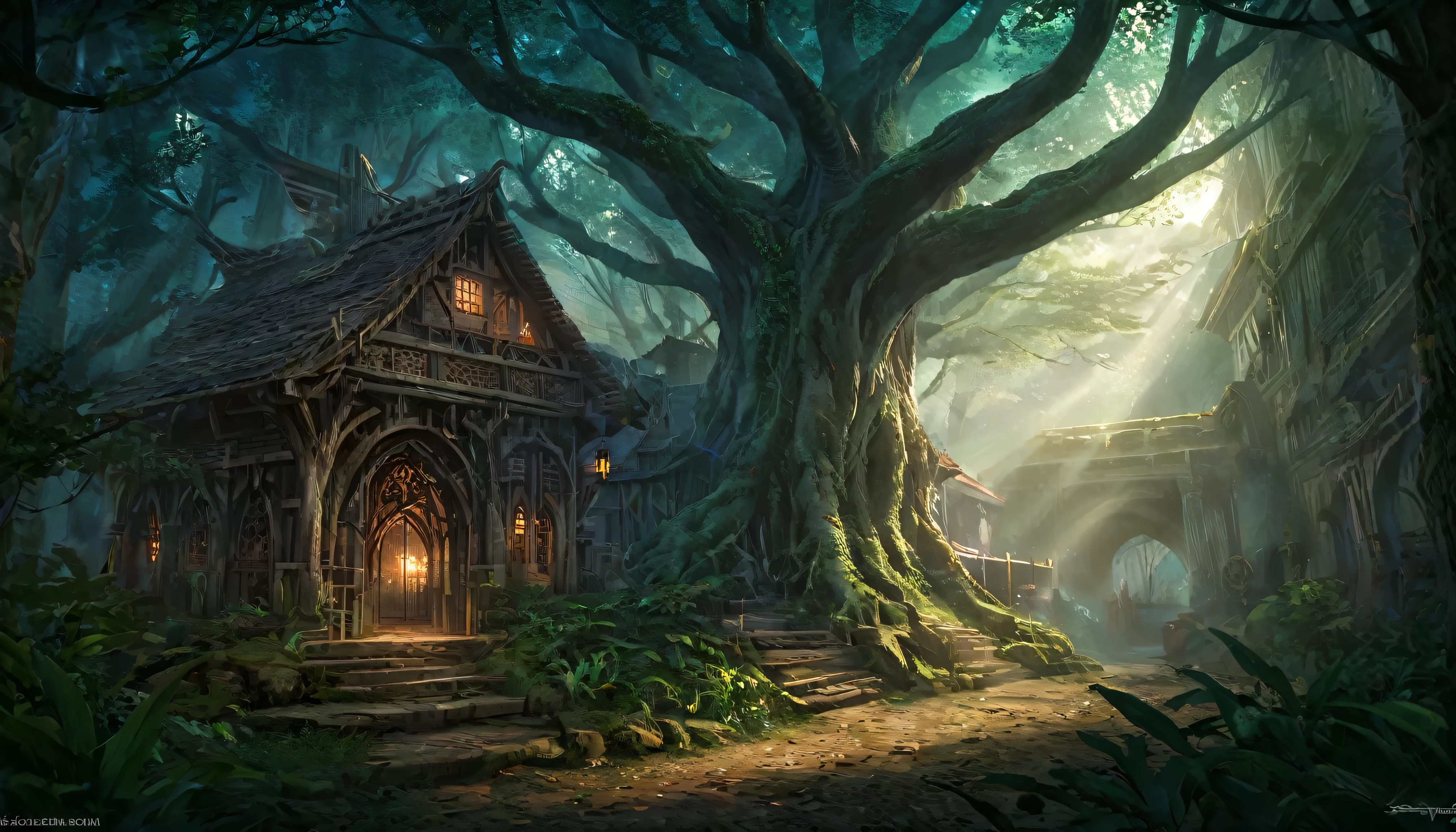 (anime, fantasy), (best quality, high resolution, depth of filed, HDR:1.2), (A majestic ancient elven forest, dense ancient tree, dense lush foliage, unique vegetation), fantastical landscapes, vibrant colors, majestic, enchanted, elven runes, (dark gloomy atmosphere). A mesmerizing fantasy with enchanting elements blending seamlessly, beautiful, extremely detailed, intricate, delicate, serene fantasy, light filtering through the trees, bokeh, cinematic lighting, 8k, high quality