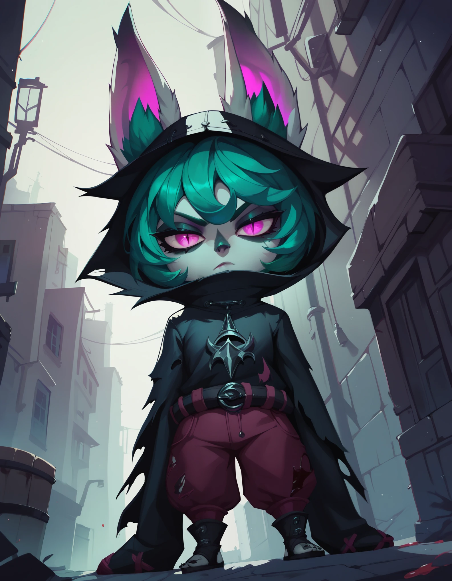 (score_9, score_8_up), score_7_up, score_6_up, zPDXL, VexLoLXL, yordle, shortstack, pink eyes, green hair, bangs, short hair, grey skin, colored skin, black hood, hood up, ears through headwear, white animal ears, black shirt, black cloak, black scarf, covered mouth, high collar, city, alley, dark alley, urban, medieval, looking at viewer, torn clothes, blood on clothes, slit pupils, serious, sinozick style, flat color, dark theme