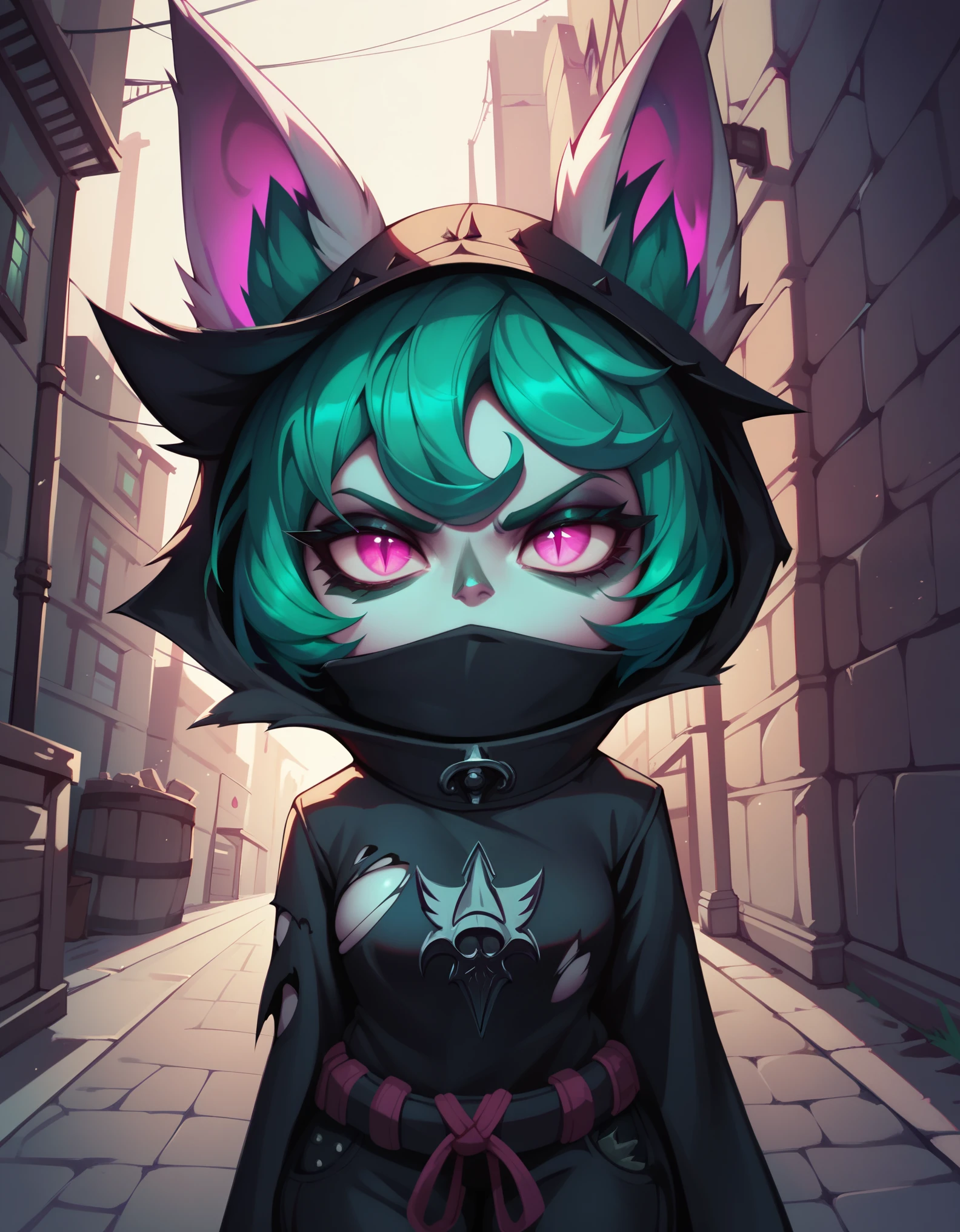 (score_9, score_8_up), score_7_up, score_6_up, zPDXL, VexLoLXL, yordle, shortstack, pink eyes, green hair, bangs, short hair, grey skin, colored skin, black hood, hood up, ears through headwear, white animal ears, black shirt, black cloak, black scarf, covered mouth, high collar, city, alley, dark alley, urban, medieval, looking at viewer, torn clothes, blood on clothes, slit pupils, serious, sinozick style, flat color, dark theme