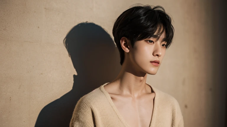 (Highly realistic photos, concentrate、High resolution, Detailed face, Detailed Hair,fine grain), ((Shooting in front of a wall))、Japanese men, 20-year-old, One boy,Only one person is in the photo、Natural look、 Upper body portrait,masterpiece,Kim Tae-hyung,Kim Taehyung\(BTS\),Stage makeup,Fair skin,Broad shoulders:1.5,(Black Hair, :1.2),shy,The gallery's sophisticated lighting focuses on the artwork and him, creating a dramatic interplay of shadows and light --ar 3:4 --style raw --stylize 250