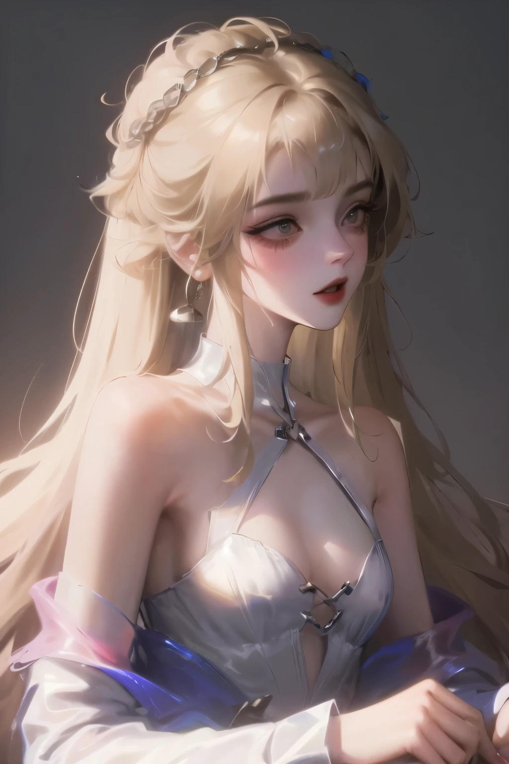 masterpiece, best quality, Very detailed, High resolution, HDR,, Joe Bit, what is, not feeling good,, 1 Girl, Solitary, Bangs, Bare shoulders, breast, Brown eyes, Clamps (Circle) (style), Platinum blonde hair, Very long hair, ear, small