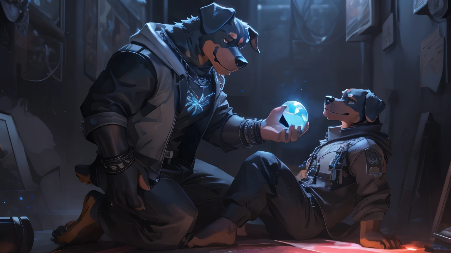 (((2 barefoot rottweilers))), (((full body))), (((cinematic setting))),
Side view on older rottwailer in suit kneeling in front of little hypnotised rottweiler pup in common teenage clothes, older rottwailer holding red glowing crystal ball, rottweiler pup is drooling and his eyes glows red.
BREAK, detailed background), 8K, (masterpiece:1.5), intricate details, highly detailed, extreme detail, octane render, fine art, best quality, highres, (detailed face:1.5), ((full_body)), UHD, (((perfect hands)))