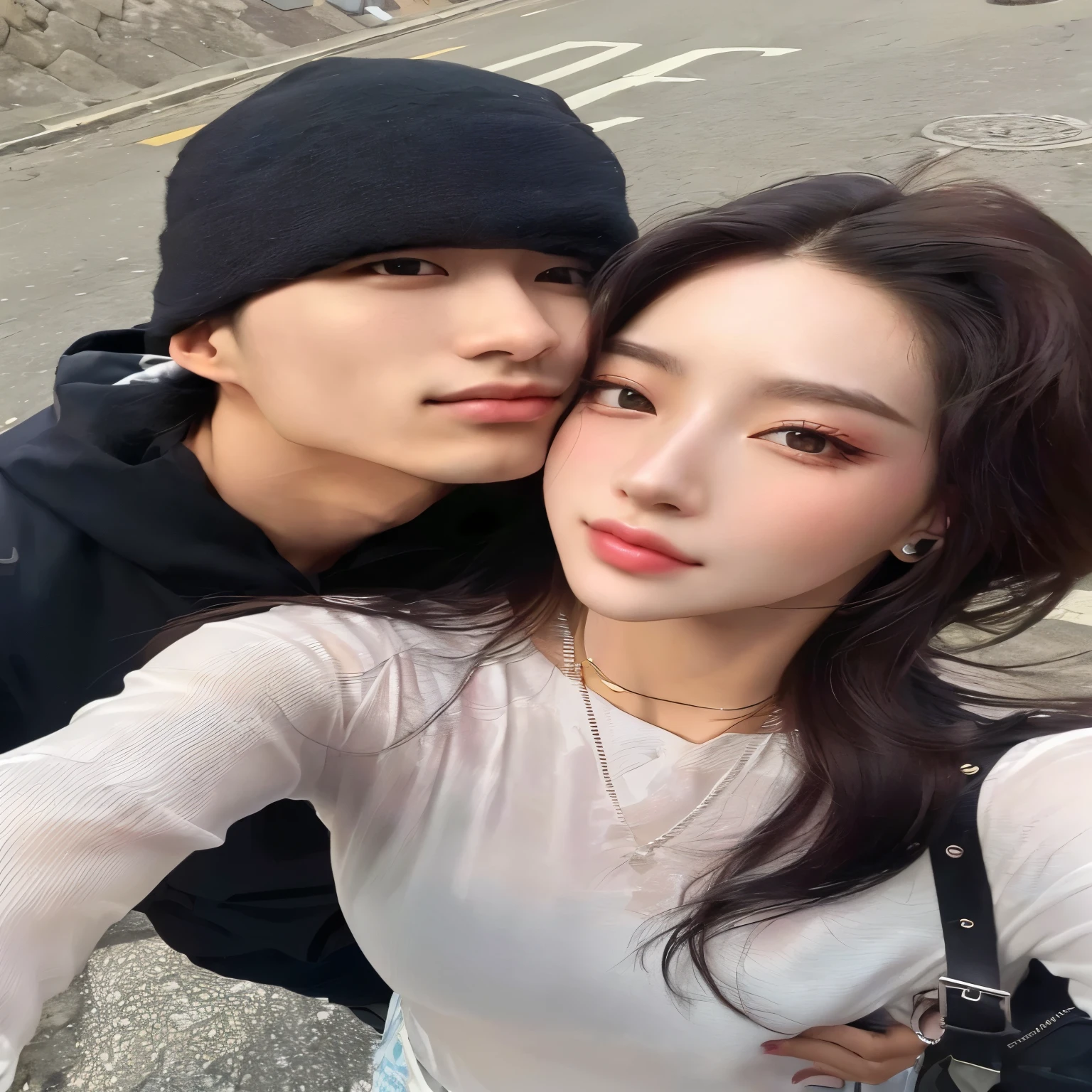 casal araffe tirando uma selfie na rua com um celular, Ulzzang, Jinyoung Shin, imagem de perfil, & Jeehyung Lee & uau, pose de casal, com preto, Fotografia selfie 8k, Cai Xukun, Yanjun Chengt, taejune kim, Gunwoo Kim e J.Dickenson, imagem vazada, Lovely couple