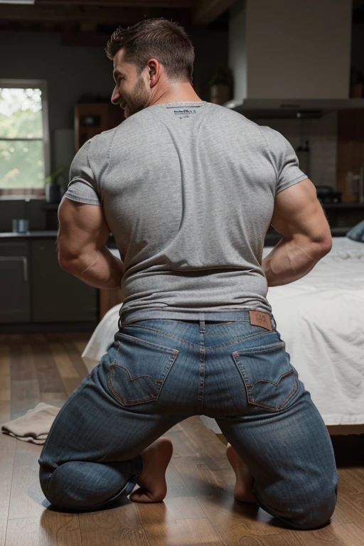 Award-winning original photoen, 30 years old man and wild muscular man, 40 years old, short beards, burly, hunk, wearing shirts, smilling happil, detailed, lovely, (((full body))), gray jeans (((backside))) crouched 