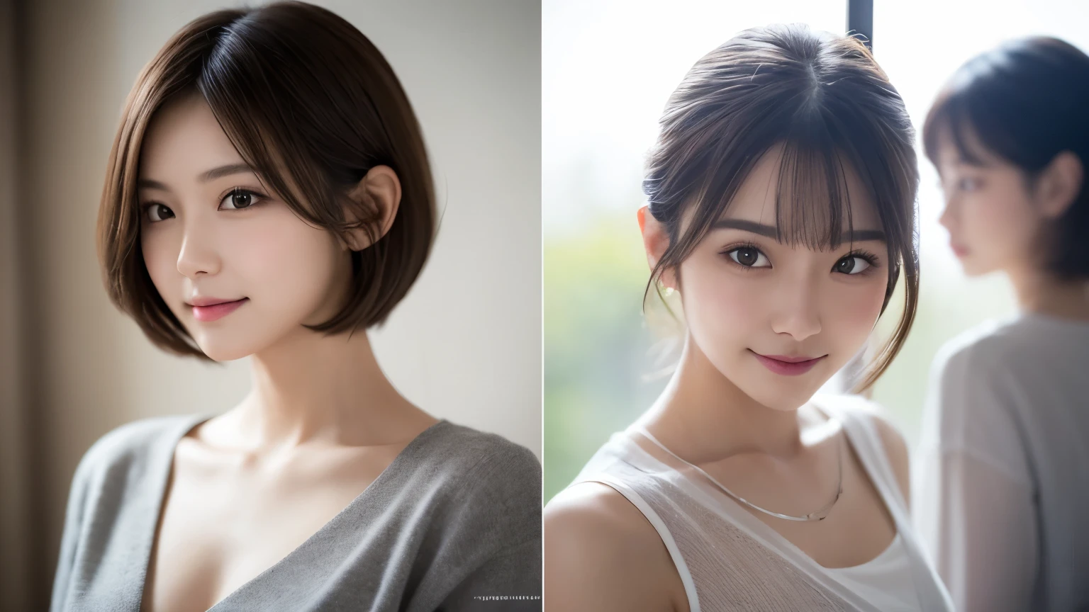 One Girl, (Wear trendy fashion:1.2), (RAW Photos, highest quality), (Realistic, Realistic:1.4), Tabletop, Very delicate and beautiful, Very detailed, 2k wallpaper, wonderful, In detail, Very detailedな CG Unity 8K 壁紙, Very detailedな, High resolution, Soft Light, Beautiful detailed girl, Looking into the camera、Very detailedな目と顔, Beautiful and sophisticated nose, Beautiful details, Short Hair, small, Grey clothes、White Background、Background is white、Cinema Lighting, Perfect Anatomy, Slender body, smile,