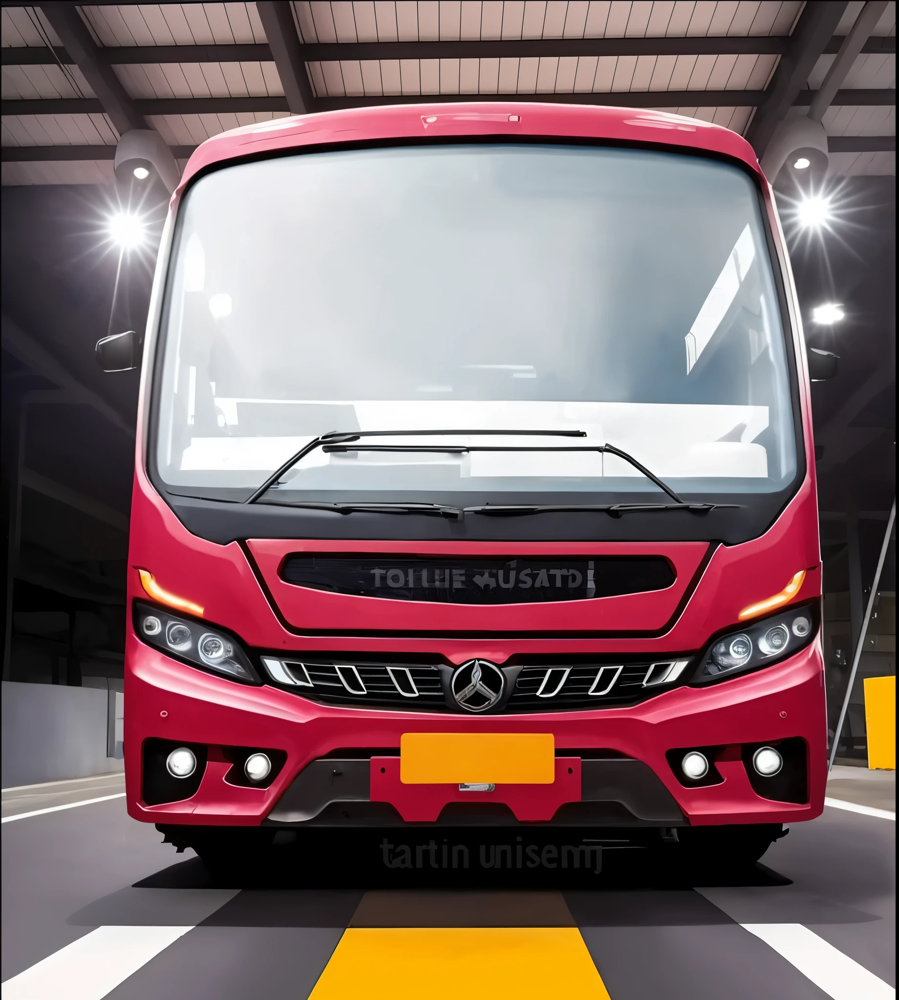 a blue bus is parked in a parking lot. Logo of Ashok Leyland