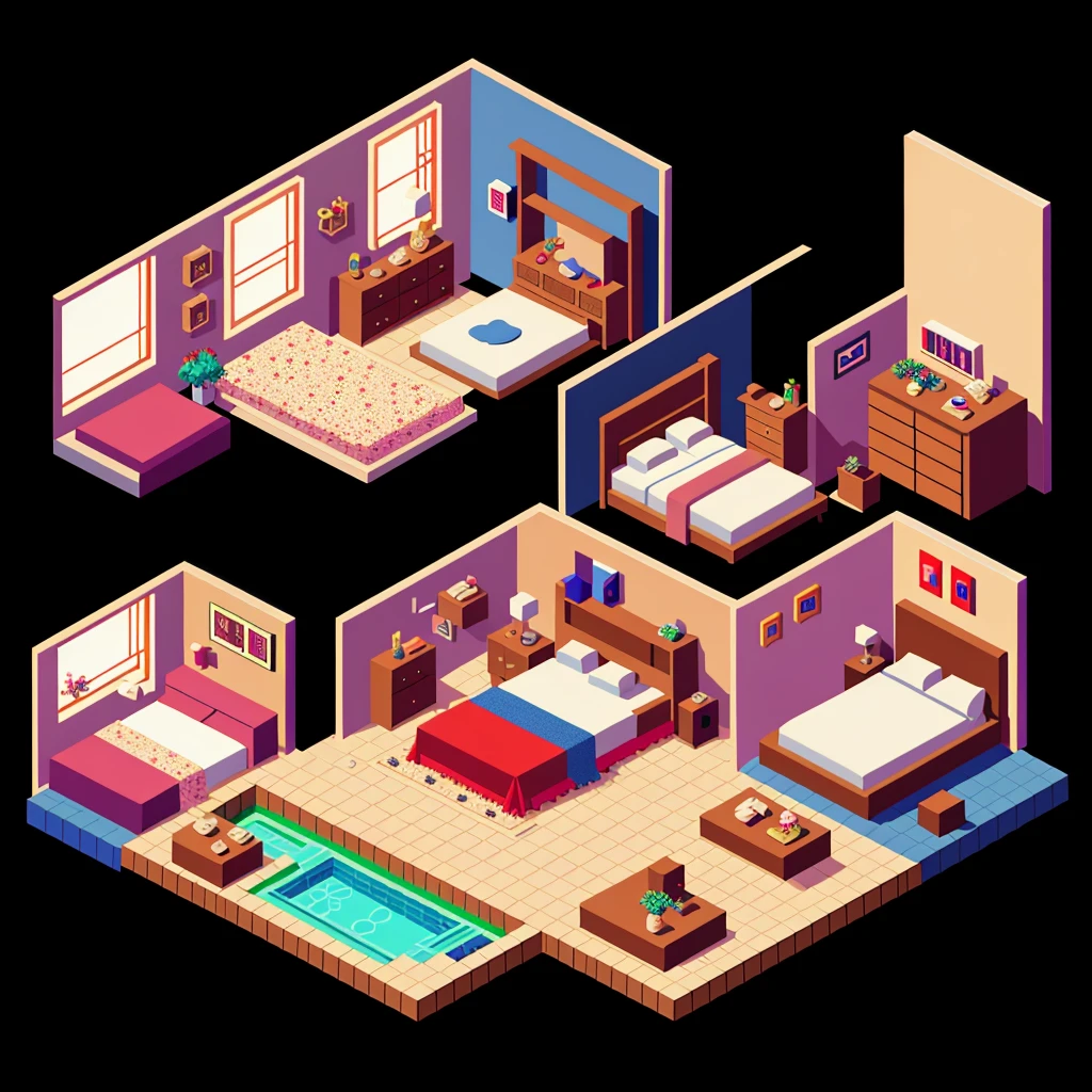 pixel art, luxurious bedrooms, isometric perspective, simple background