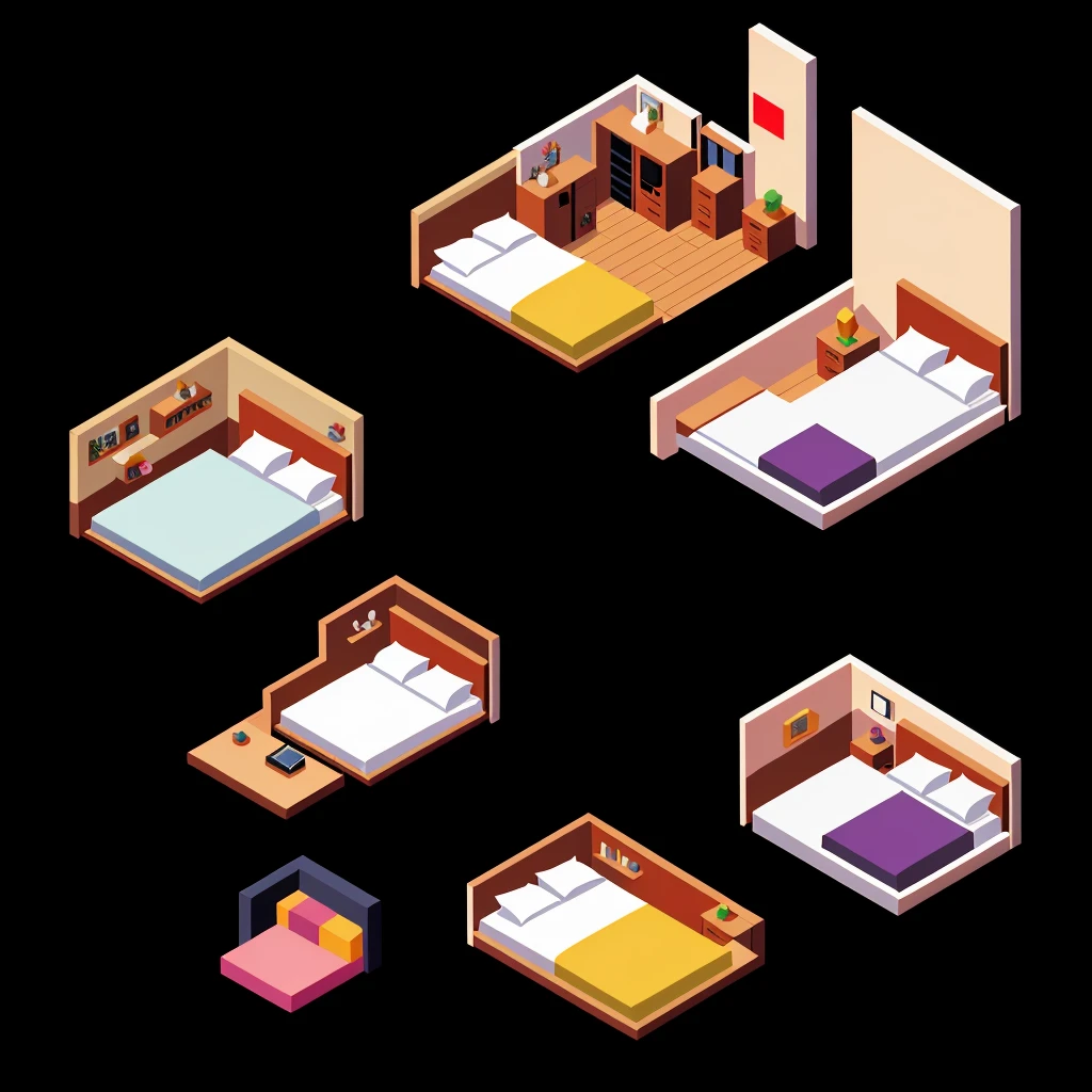 pixel art, luxurious bedrooms, isometric perspective, simple background