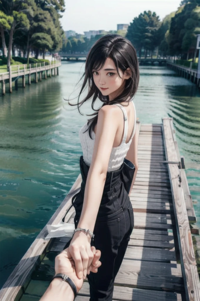 One girl，Super detailed，High resolution，masterpiece，by_style，boyfriend_Holding_hand，1 観客とhandをつなぐ少女，Walking while looking at me, Take a walk on the fishing bridge, From above,