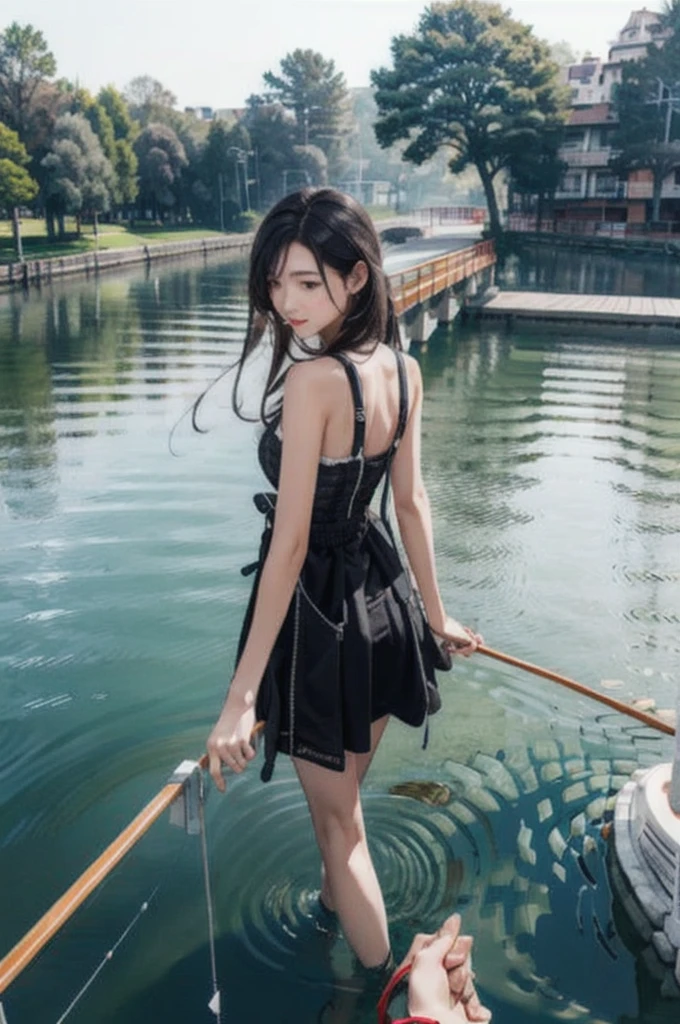 One girl，Super detailed，High resolution，masterpiece，by_style，boyfriend_Holding_hand，1 観客とhandをつなぐ少女，Walking while looking at me, Take a walk on the fishing bridge, From above,