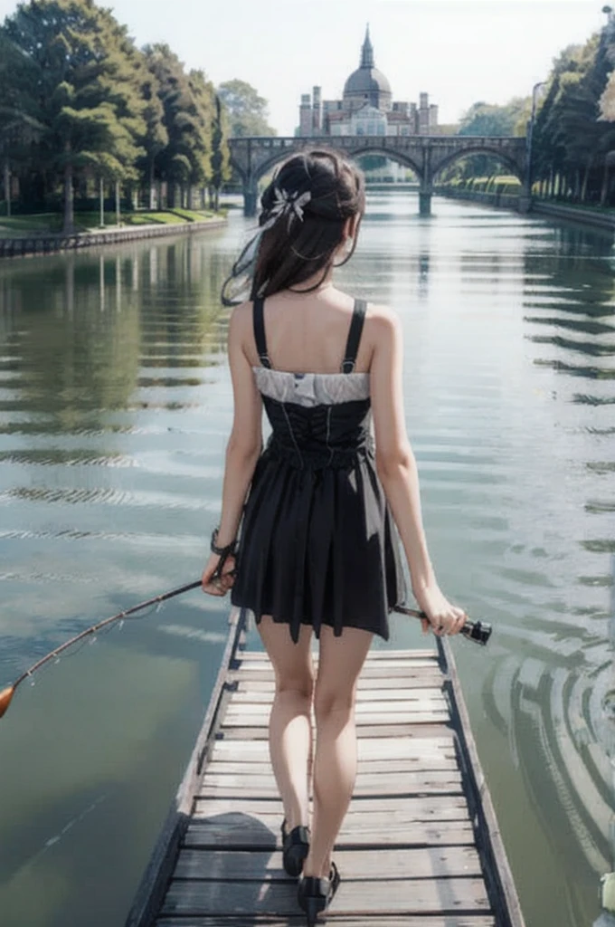 One girl，Super detailed，High resolution，masterpiece，by_style，boyfriend_Holding_hand，1 観客とhandをつなぐ少女，Walking while looking at me, Take a walk on the fishing bridge, From above,