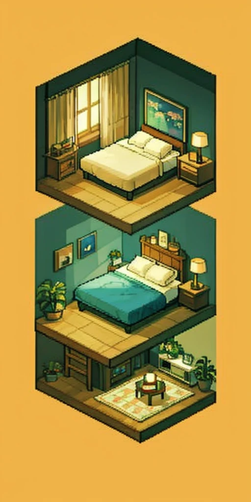pixel art, luxurious bedrooms, isometric perspective, simple background