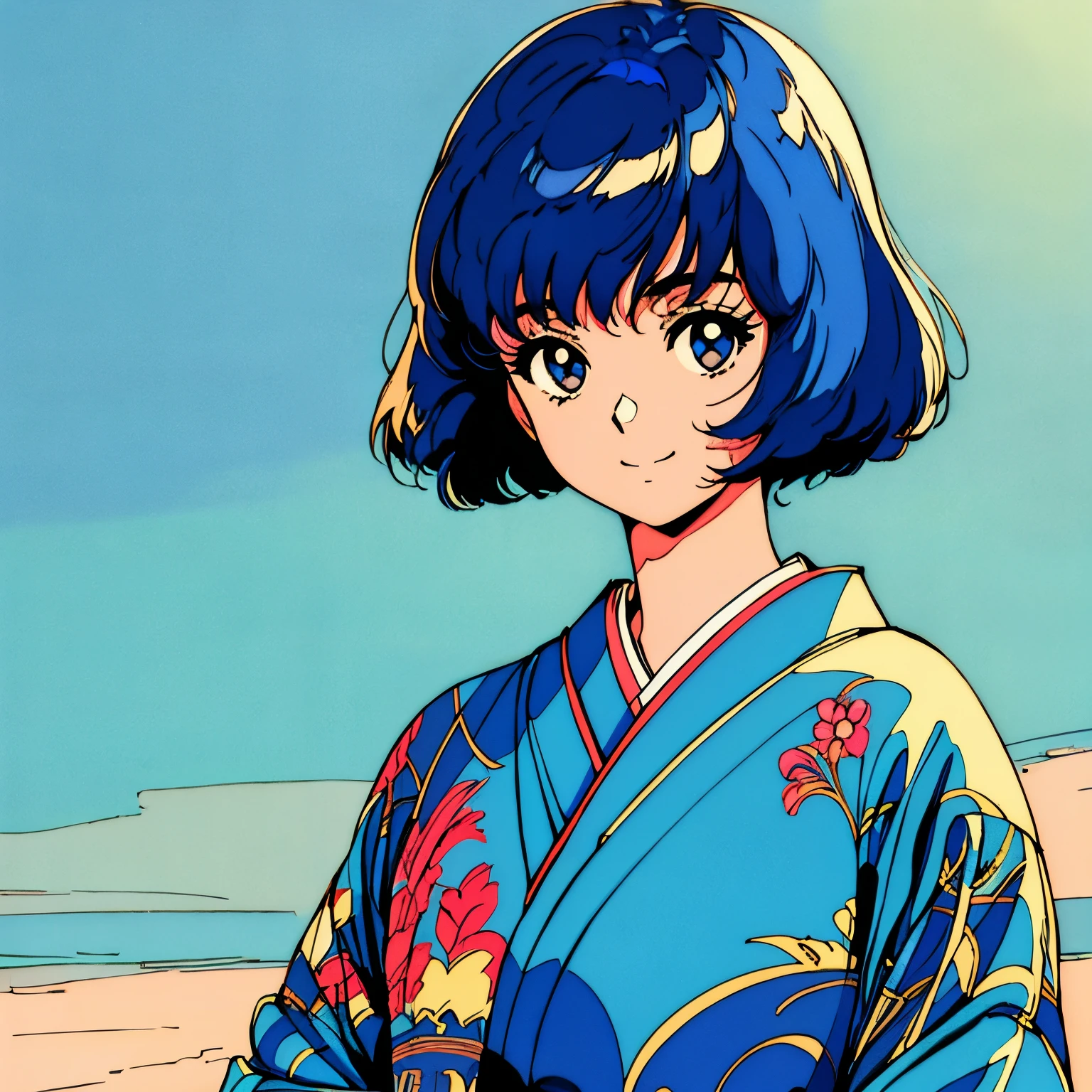 master piece, Kyoto style, Blue Hair, Japanese, fluffy bob cut, wearing kimono, shoulder length, alone, single person, Futuristic, yet, lofi, retro, vintage, light smile