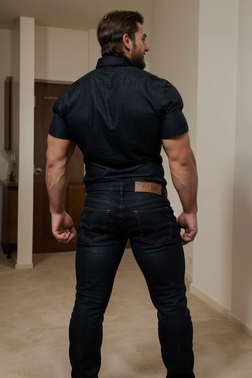 Award-winning original photoen, 30 years old man and wild muscular man, 40 years old, short beards, burly, hunk, wearing shirts, smilling happil, detailed, lovely, (((full body))), black jeans (((backside)))