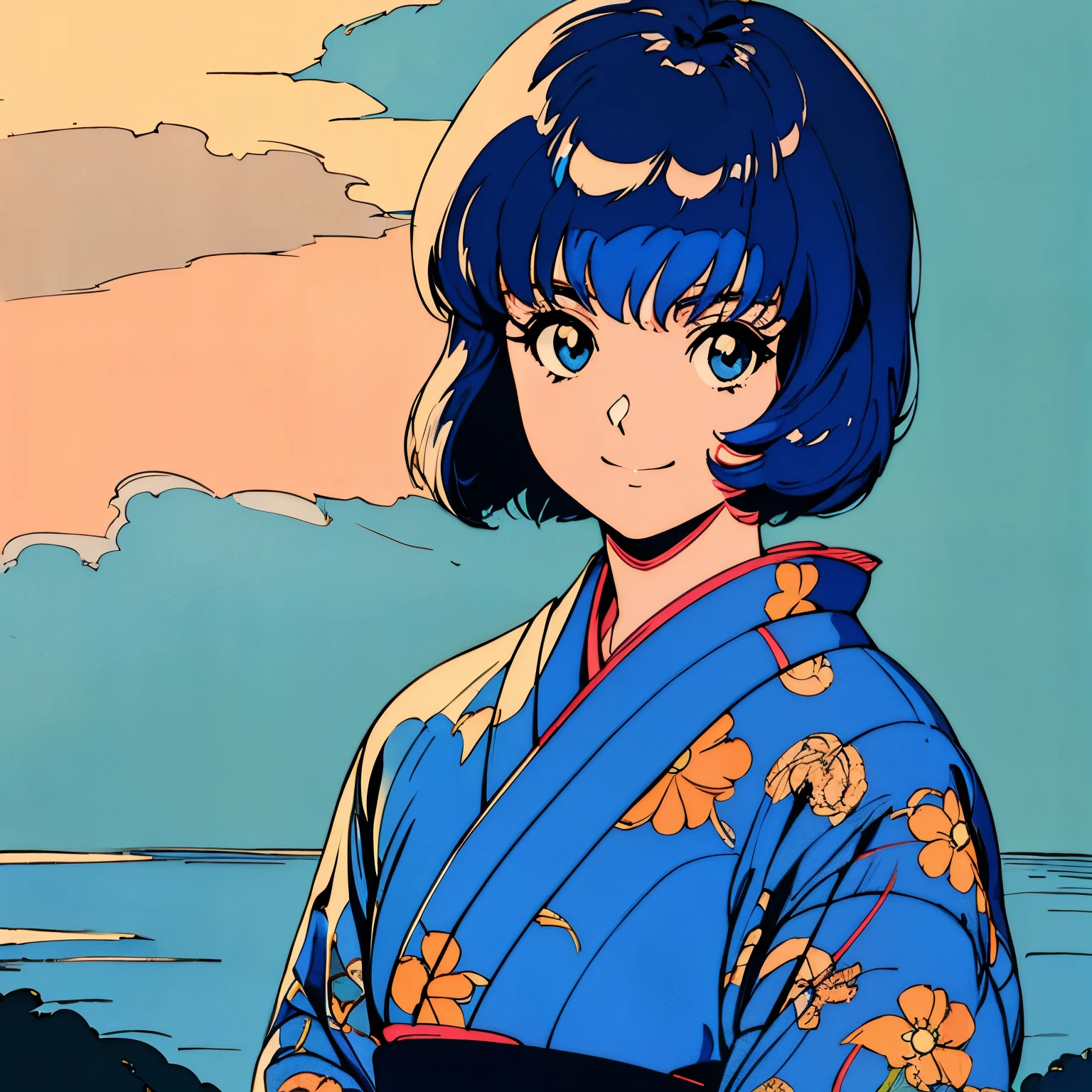 master piece, Kyoto style, Blue Hair, Japanese, fluffy bob cut, wearing kimono, shoulder length, alone, single person, Futuristic, yet, lofi, retro, vintage, light smile