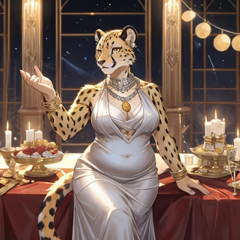 fat female cheetah, silver bracelets, silver necklace, silver earrings, silver dress, gala party, golden eyes, no hair, golden coins flowing from her hand