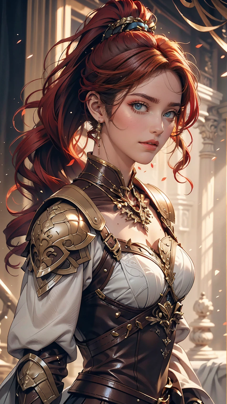 (8k, RAW Photos, highest quality, masterpiece:1.2), (Realistic, photo-Realistic:1.4), (Very detailed CG ユニティ 8k 壁紙), whole body (Villain:1.1) Woman wearing gold (Leather Armor:1.3), Worn, sewn-together armor, (Very detailed:1.5), money and (white:1.5), Concept art portrait by Greg Rutkowski, ArtJam, Popular on Artstation、Super detailed and intricate gothic art, Fantasy, Intricate details, (Small blue highlights:1), (Redhead, Wavy Hair, High Ponytail: 1.4)