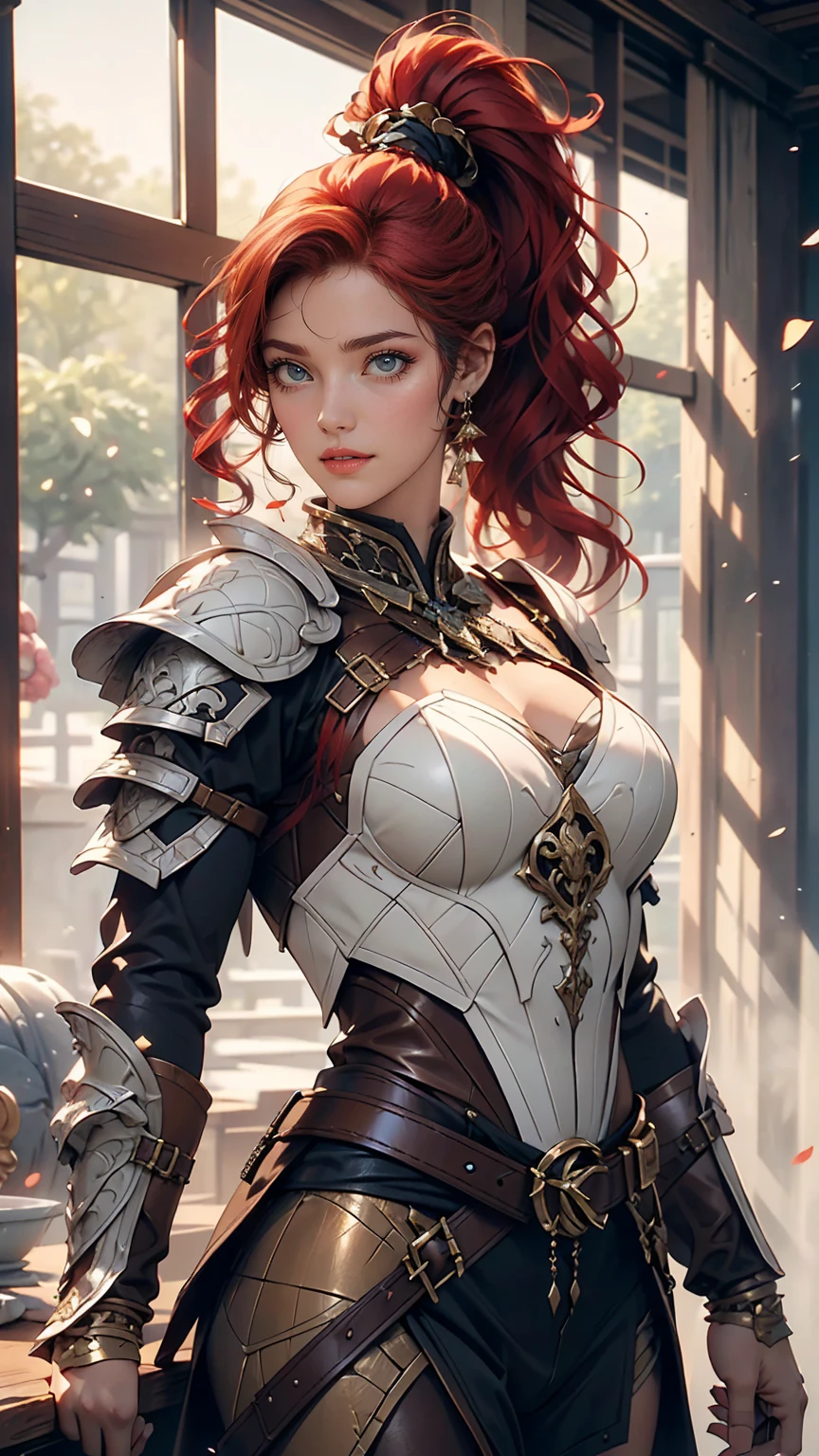 (8k, RAW Photos, highest quality, masterpiece:1.2), (Realistic, photo-Realistic:1.4), (Very detailed CG ユニティ 8k 壁紙), whole body (Villain:1.1) Woman wearing gold (Leather Armor:1.3), Worn, sewn-together armor, (Very detailed:1.5), money and (white:1.5), Concept art portrait by Greg Rutkowski, ArtJam, Popular on Artstation、Super detailed and intricate gothic art, Fantasy, Intricate details, (Small blue highlights:1), (Redhead, Wavy Hair, High Ponytail: 1.4)