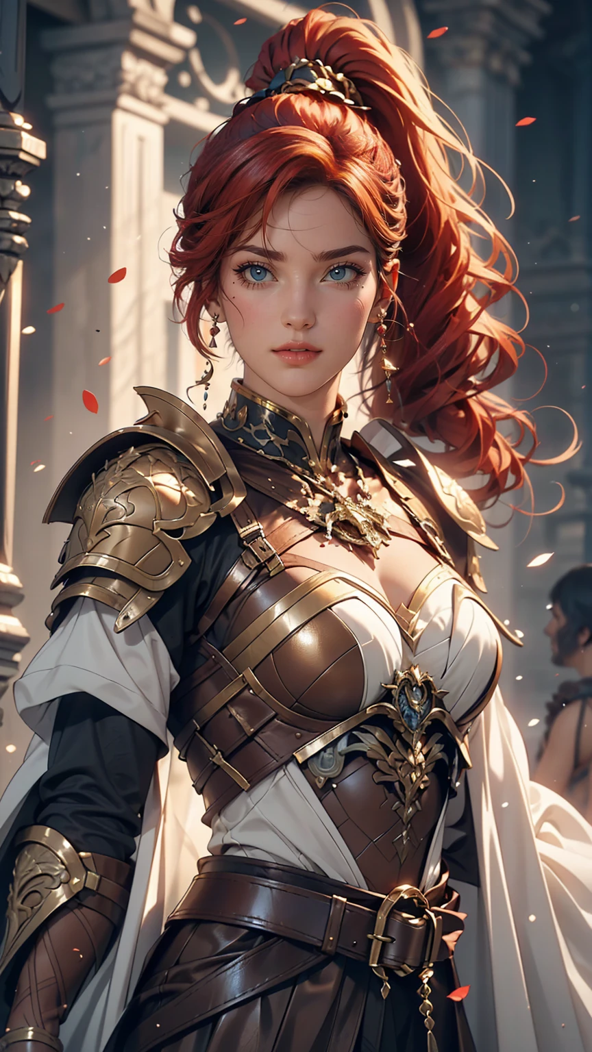 (8k, RAW Photos, highest quality, masterpiece:1.2), (Realistic, photo-Realistic:1.4), (Very detailed CG ユニティ 8k 壁紙), whole body (Villain:1.1) Woman wearing gold (Leather Armor:1.3), Worn, sewn-together armor, (Very detailed:1.5), money and (white:1.5), Concept art portrait by Greg Rutkowski, ArtJam, Popular on Artstation、Super detailed and intricate gothic art, Fantasy, Intricate details, (Small blue highlights:1), (Redhead, Wavy Hair, High Ponytail: 1.4)