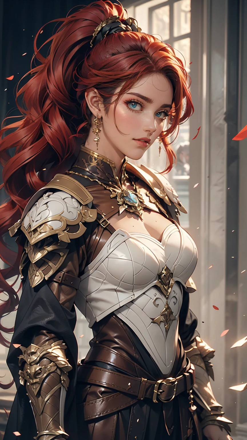 (8k, RAW Photos, highest quality, masterpiece:1.2), (Realistic, photo-Realistic:1.4), (Very detailed CG ユニティ 8k 壁紙), whole body (Villain:1.1) Woman wearing gold (Leather Armor:1.3), Worn, sewn-together armor, (Very detailed:1.5), money and (white:1.5), Concept art portrait by Greg Rutkowski, ArtJam, Popular on Artstation、Super detailed and intricate gothic art, Fantasy, Intricate details, (Small blue highlights:1), (Redhead, Wavy Hair, High Ponytail: 1.4)