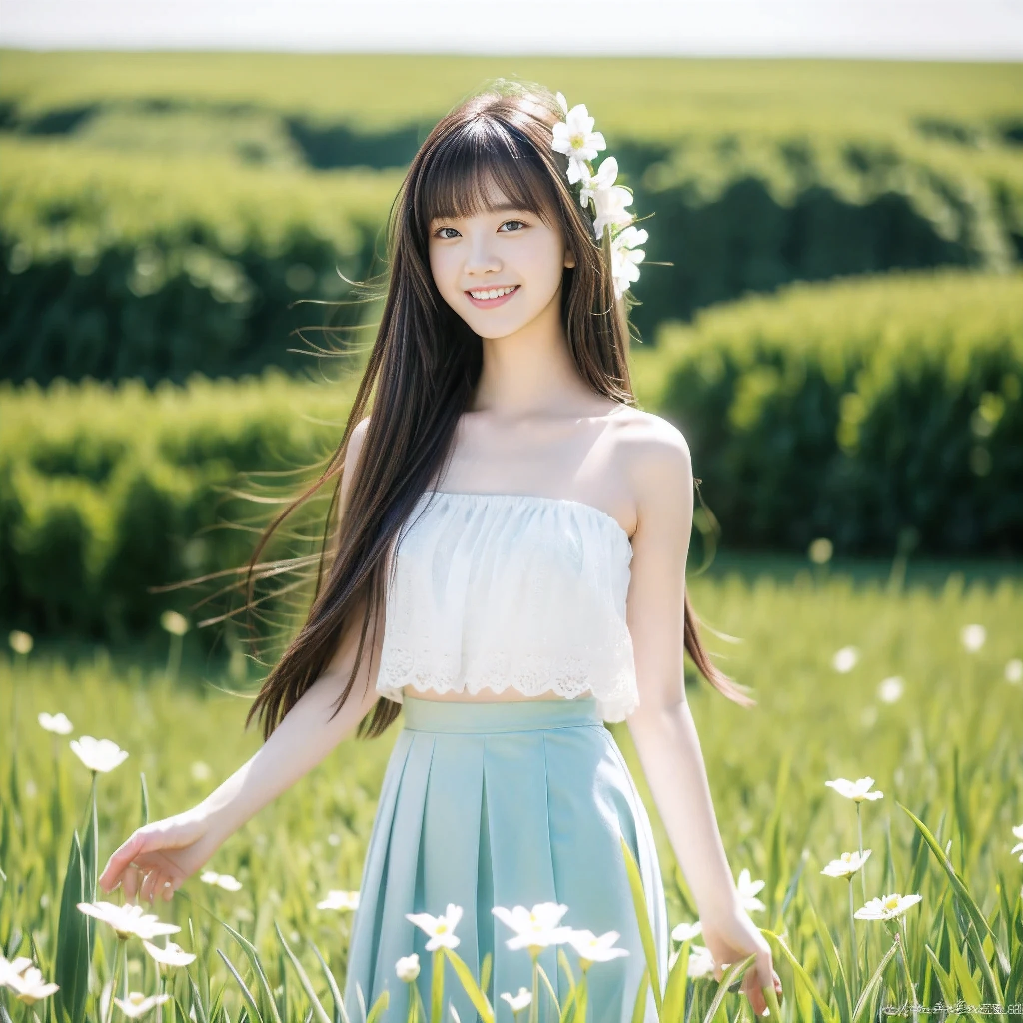 masterpiece, best quality, Ultra-high resolution, detailed illustration, portrait, detailed, 1 girl standing in a wheat field, Solitary, Long hair, skirt, flower, White Hanfu, Smile, whole body, white flower, Bare shoulders, very Long hair, Light green hair, Shut up, For the audience, Bangs,standing