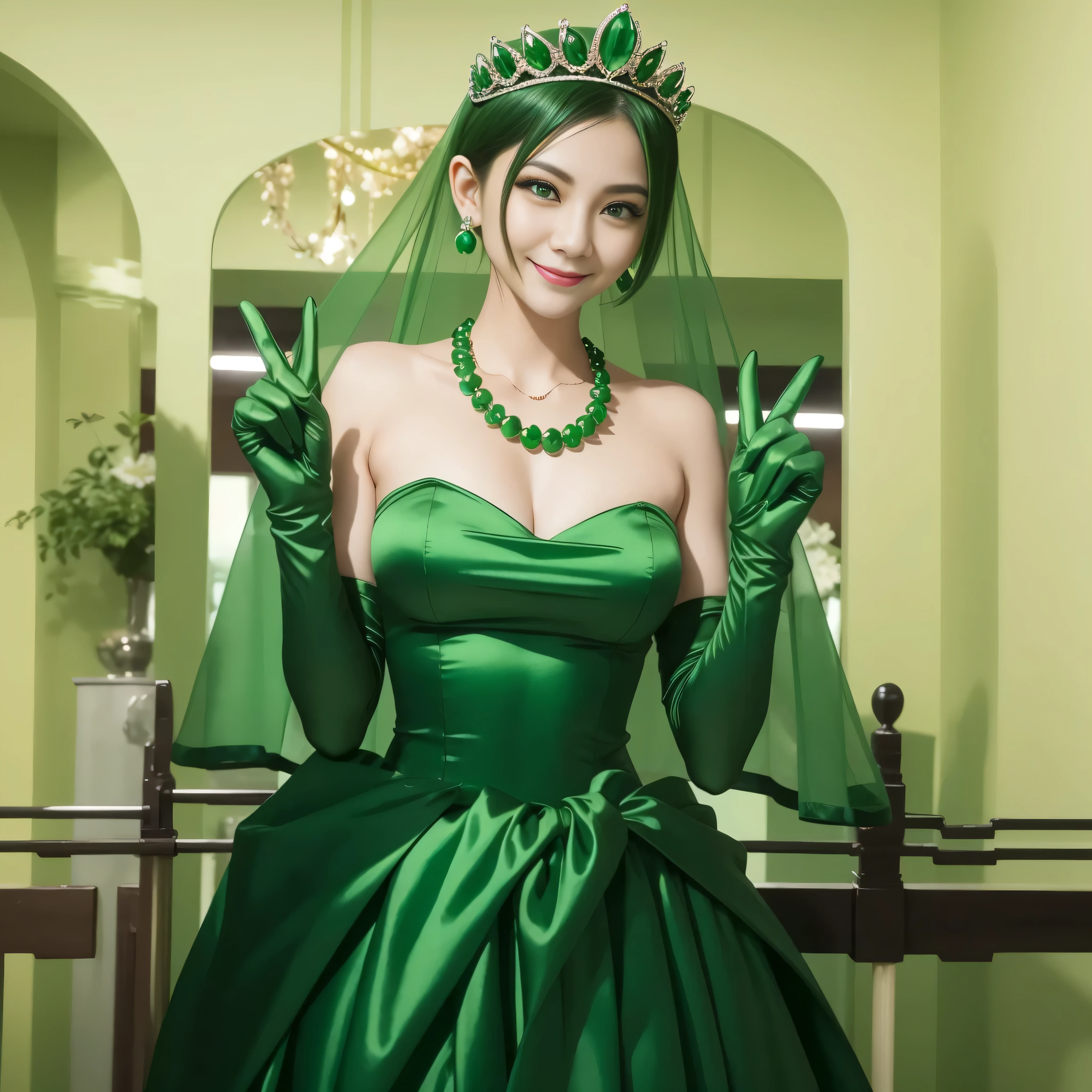 Emerald tiara, Green Pearl Necklace, Boyish very short green hair, lipstick, Smiling Japanese woman, Very short hair, Big and beautiful, Green Eyes, Long green satin gloves, Green Eyes, V sign, Emerald Earrings, Green veil, peace sign
