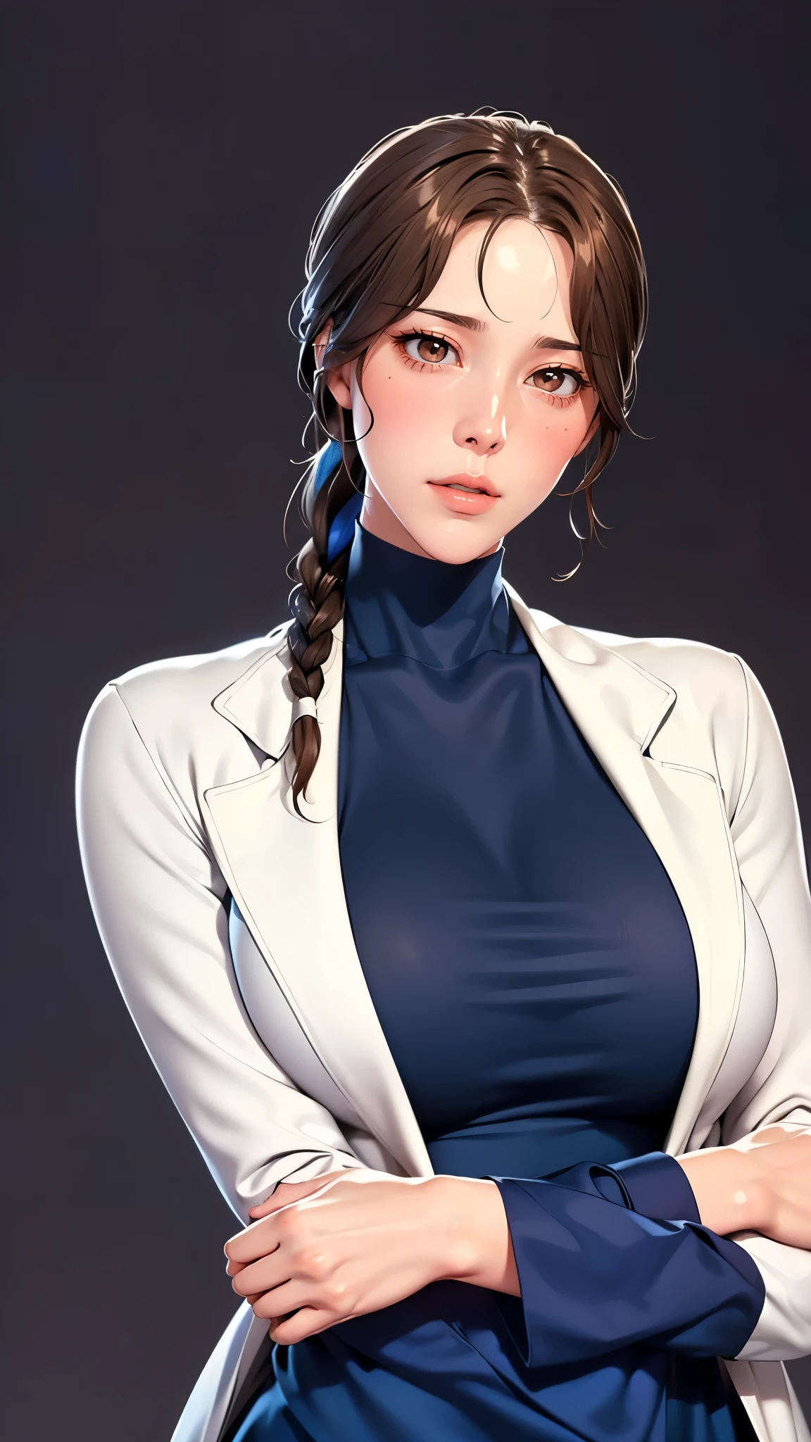 （（（完美number，number，Solitary， White and tender skin，（（（Cyberpunk，Blue Dress，White loose coat，Long-sleeved coat，））），（（（brown eyes, braid, long hair, braided ponytail, single braid, hair over shoulder, bangs, blush, lips)),high resolution, ((Best quality at best))，masterpiece，quality，Best quality，（（（ Exquisite facial features，looking at the audience,There is light in the eyes，(（（open mouth，Part your lips））），型number:1.7））），（（（light and shadow，Huge breasts））），（（（Looking at the camera，black background，)）））