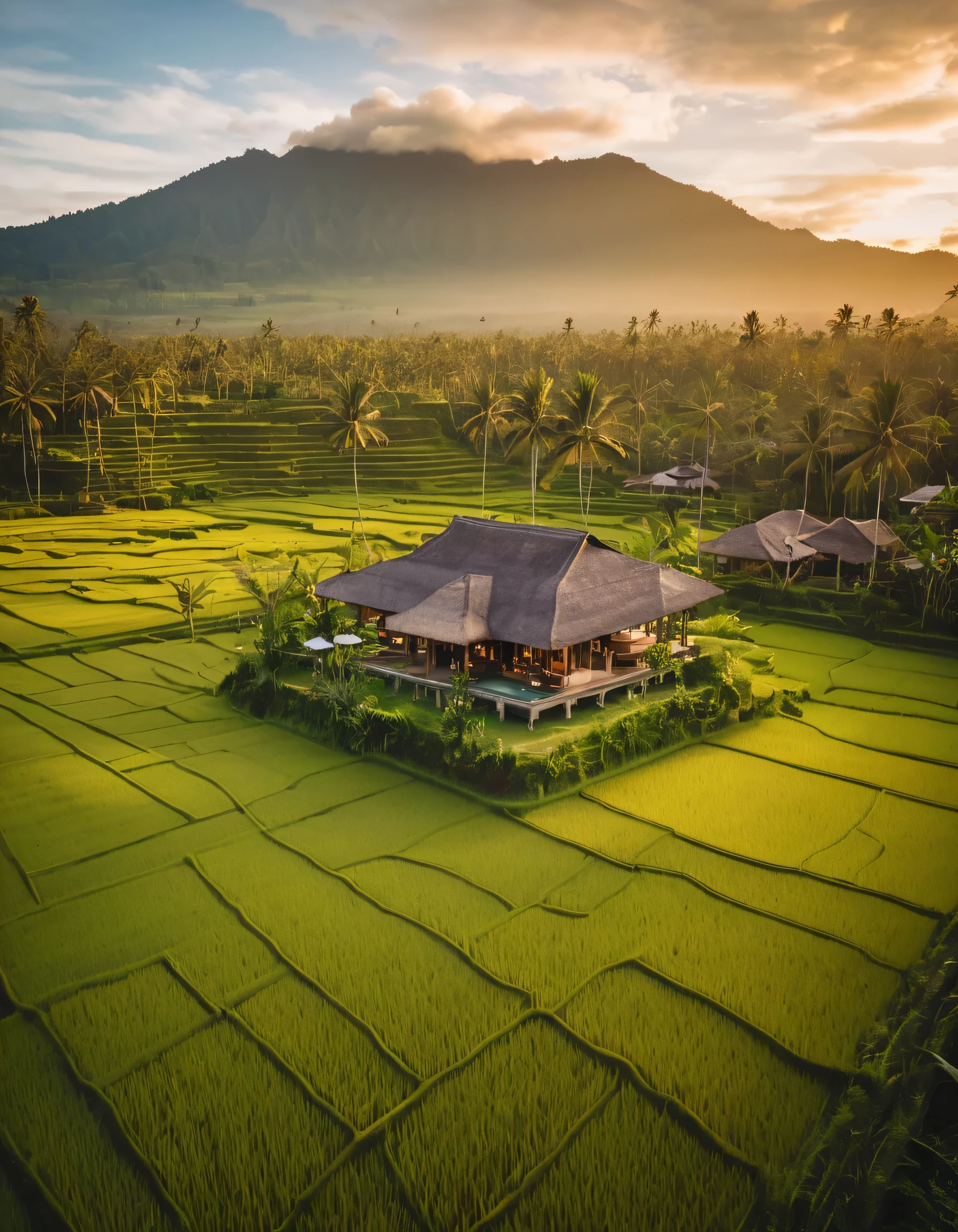 arafed view of a house in a rice field with a mountain in the background, paradise in the background, bali, view from above, vibrant setting, masterpiece work of art, morning golden hour, dramatic warm morning light, modern setting, seen from above, viewed from above, home setting, shot from drone, villa, during sunset, mystical setting