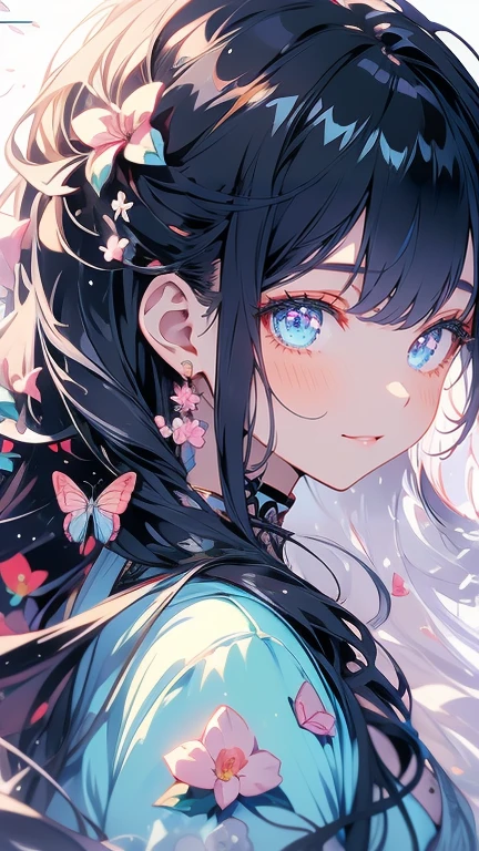 (masterpiece)、(highest quality)、Highly detailed face、Anime Women、1 female、Smart clothing、Straight long hair、Lots of flowers、butterfly々、petal