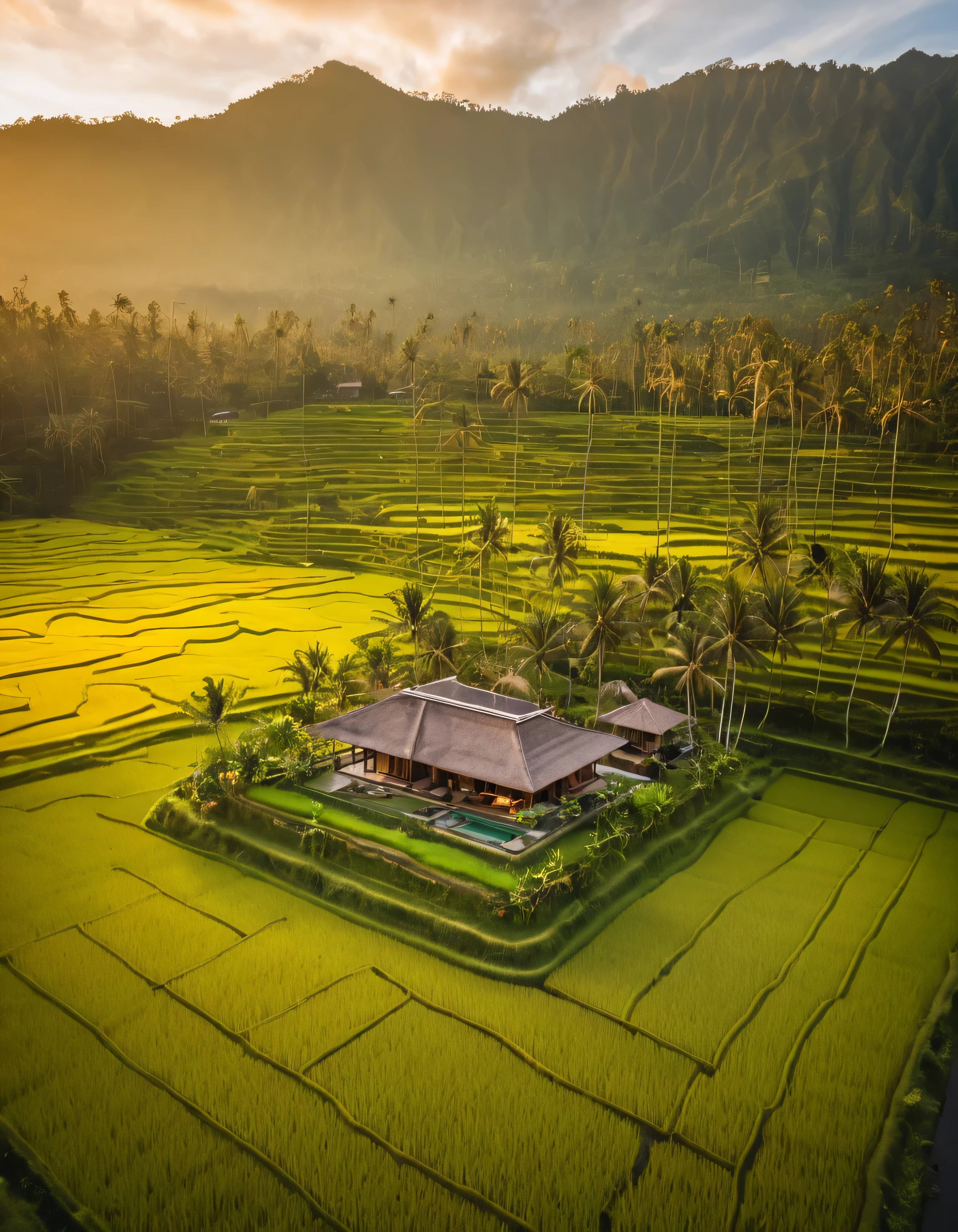 arafed view of a house in a rice field with a mountain in the background, paradise in the background, bali, view from above, vibrant setting, masterpiece work of art, morning golden hour, dramatic warm morning light, modern setting, seen from above, viewed from above, home setting, shot from drone, villa, during sunset, mystical setting