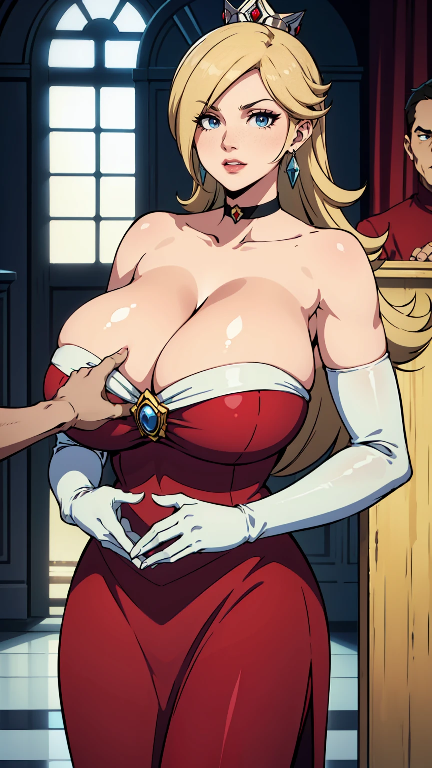 rosalina, crown, red dress, long dress, strapless dress, backless dress, long white elbow gloves, smile, light red lipstick, dark blue eye shadow, makeup, black choker, cowboy shot, (((gigantic breasts))), (((cleavage Focus))), (hand touching her breasts)