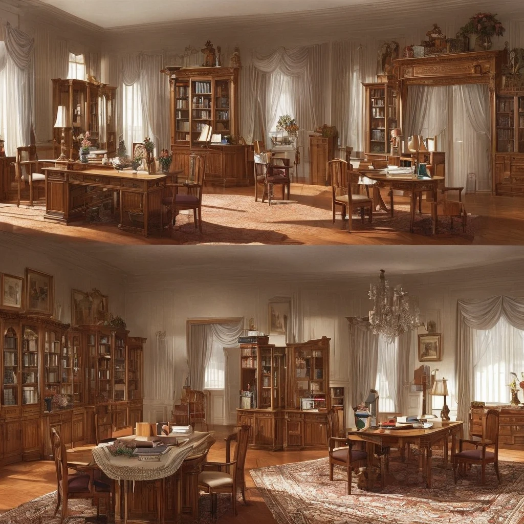 (best quality,4k,8k,highres,masterpiece:1.2), ultra-detailed, (realistic,photorealistic,photo-realistic:1.37), professional, vivid colors, HDR, studio lighting, sharp focus, (extreme detail description,detailed description:1.2), There is a room with ( a bed in the middle of the room ), (a desk with a pencil, a notebook and a textbook), (a chair in front of the desk), (a child sitting on a chair and studying at a desk), (a wardrobe with double doors ), a carpet, a wall clock, a wall painting, (a bookcase with several books on its shelves), a full-length mirror. The room has the same dimensions in width, breadth or depth. The image is from an isometric perspective. This is a game screenshot. This image captures the furniture, home and lifestyle of 1900s America.
