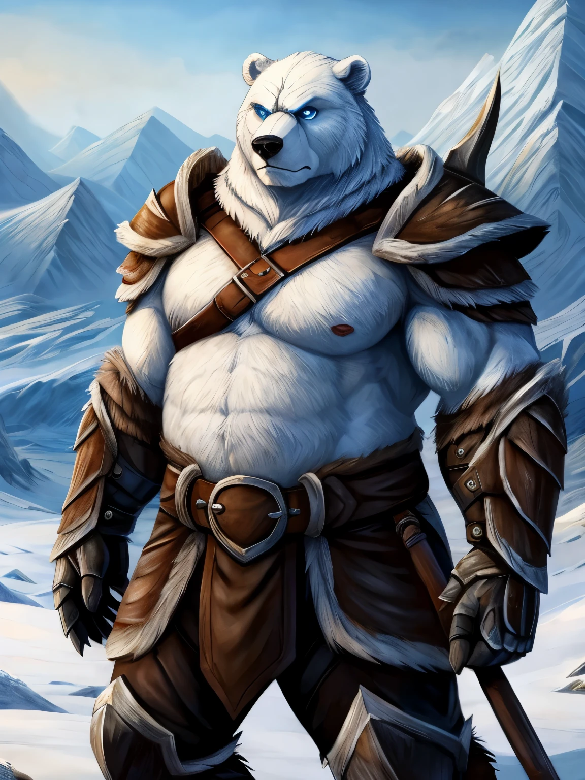 male, white bear, fat, muscular, stocky, blue eyes, scarred face, leather and fur barbarian armor, arctic landscape, blizzard, stern expression, standing guard