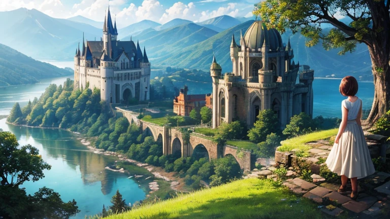 girl, back view, ruins, forest, old castle, grassland, lake, fantasy, village