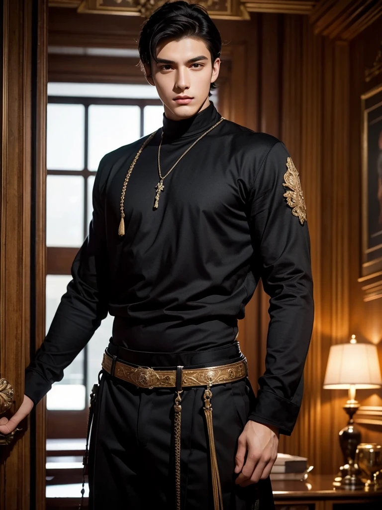 masterpiece, ultra high definition, short black hair, black clothes, tall, male, very handsome teenager, beautiful face, elegant, brutalist, european furniture, medieval background