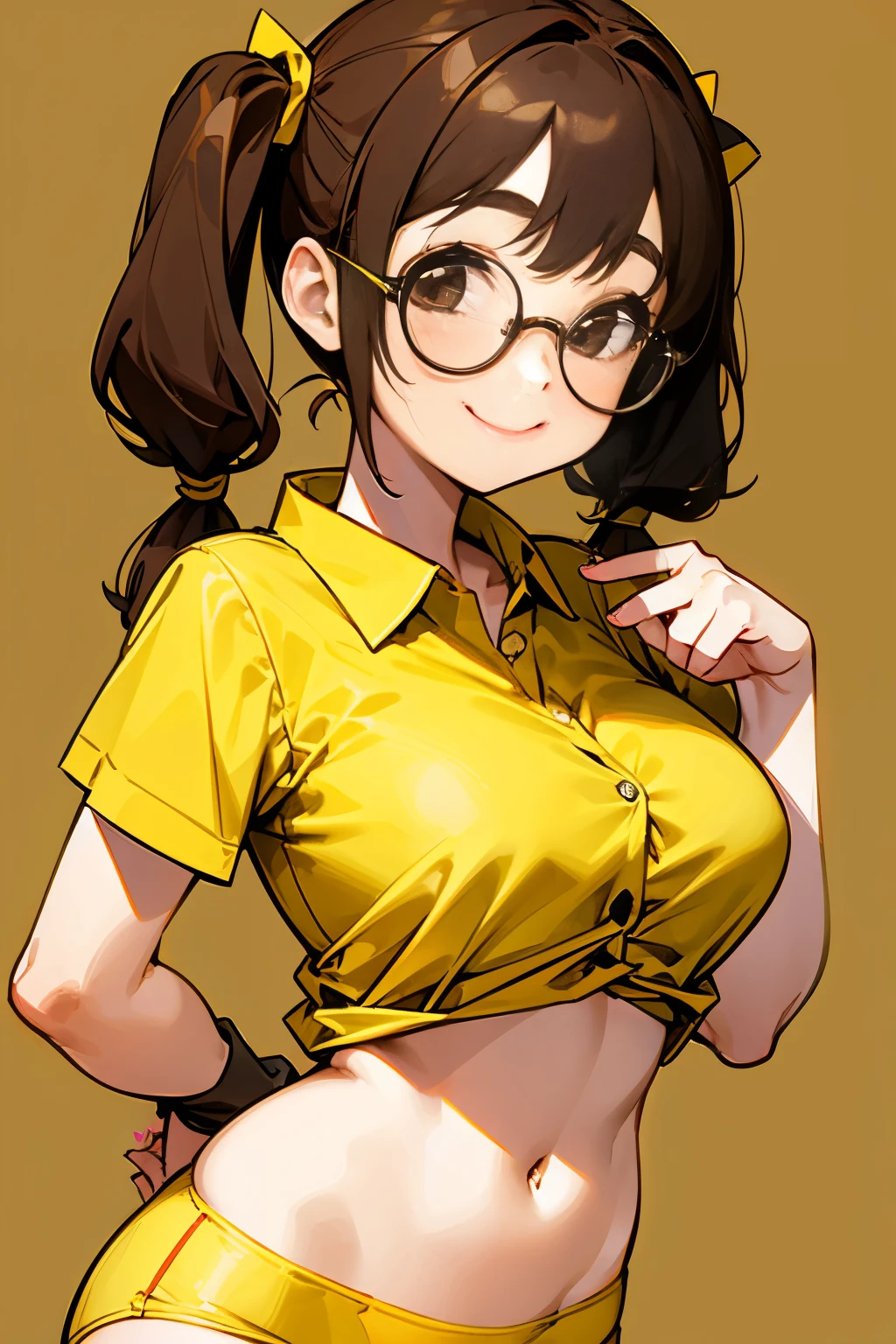 Girl, pigtails, brown hair, round glasses, smile, yellow shirt without buttons, short sleeves, big breasts, exposed stomach, yellow underpants