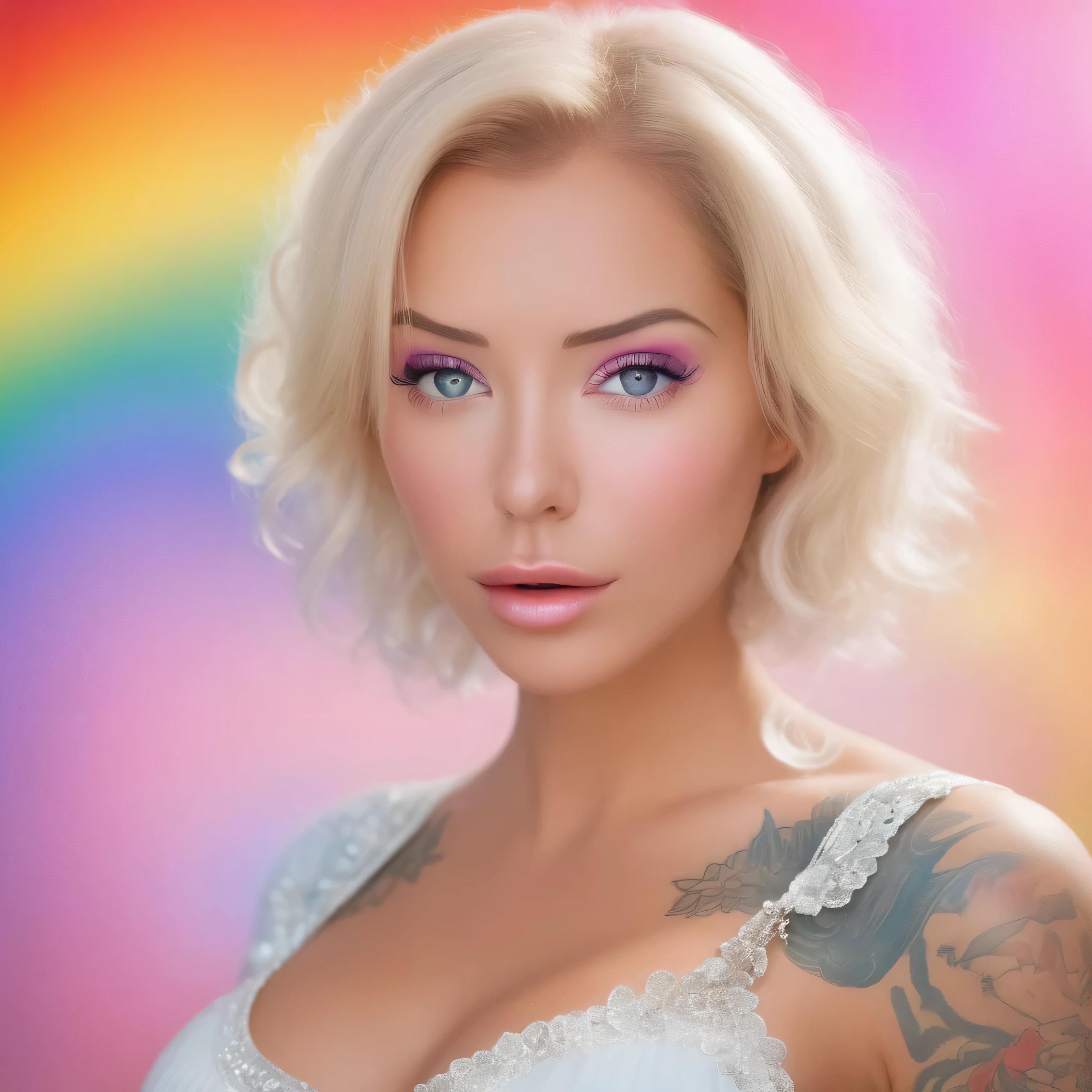 (This is a beautiful rainbow fantasy image that feels interesting and emphasizes glitter and iridescence.) Generate a ((blind)) curvy woman with colorful curly hair and milky white eyes. Her face is important and is perfectly formed with puffy lips and perfect features. (Her eyes are critically important and are (blank) and (solid white)). The image exudes ethereal beauty and soft fantasy. Include sweet and detailed birds and soft, luminous flowers in all the colors of the rainbow. The image's background is decorated in shades of pink, shimmer, glitter, and fantasy details like colored bubbles and cosmos. Utilize dynamic composition to create a compelling and action-packed image. Dramatic lighting and cinematic lighting enhance the woman's beauty and the soft colors in the artwork. (((((Perspective: head on.))))) Include fantasy, cute, colorful, colourful, interesting magic background, ((((blank eyes)))), ((((empty white eyes)))), (shirome eyes:1.3), (smirking), (perfectly rendered solid whiteeyes), ((birthmark on lip)), ((pretty lips)), beautiful background, complex background, sweet background, (((rainbow)))