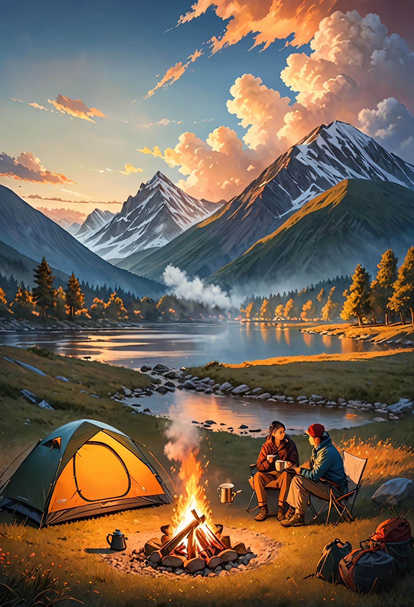 (best quality, masterpiece, highres:1.2), detailed, Outdoor Camping, holding cup, coffee steam, campfire, camping tent, outdoors, sky, cloud, fire, scenery, mountain, 